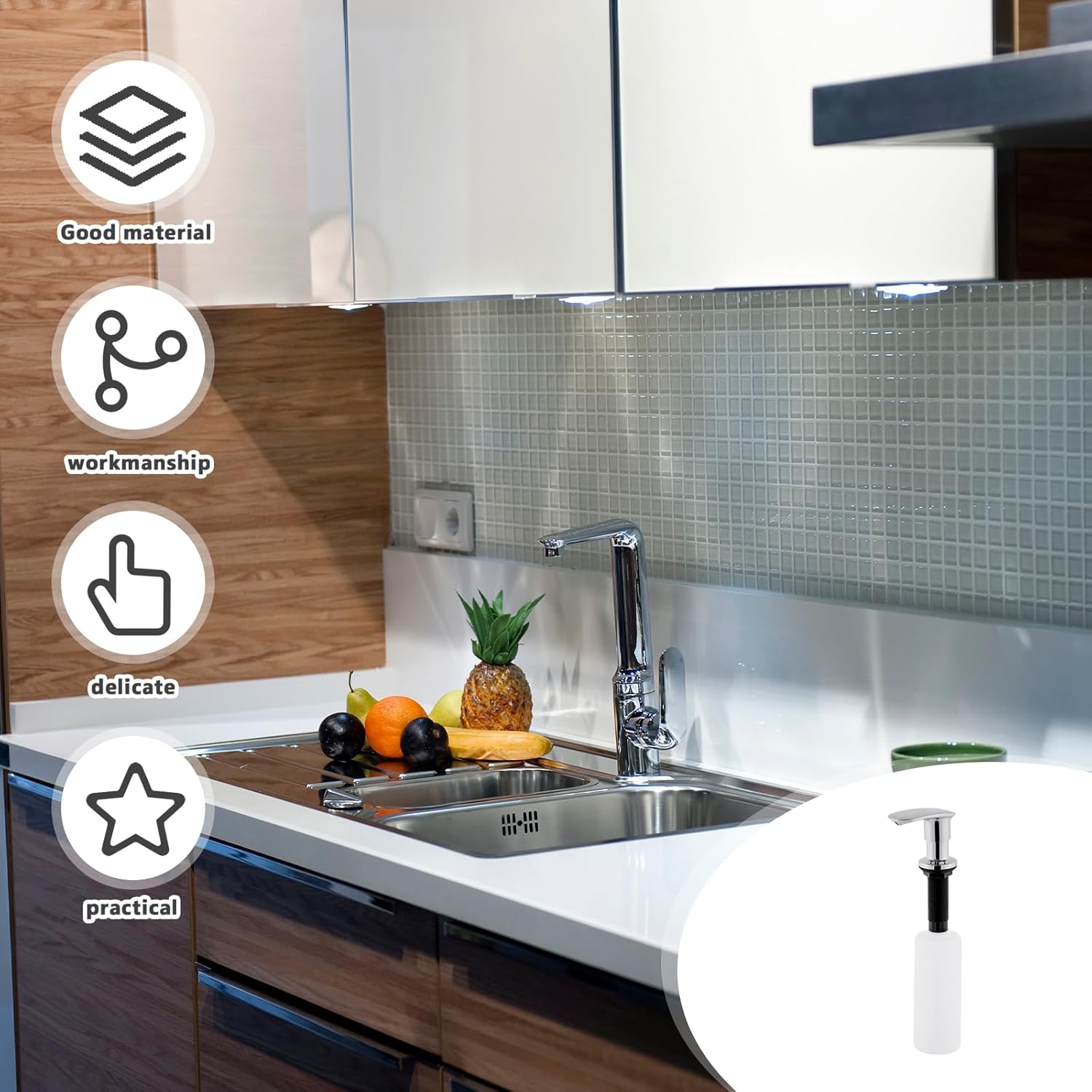 Rhitchy Dispensador de jabón para fregadero de cocina dispensador de jabón de fregadero integrado de acero inoxidable con diseño de tubo de