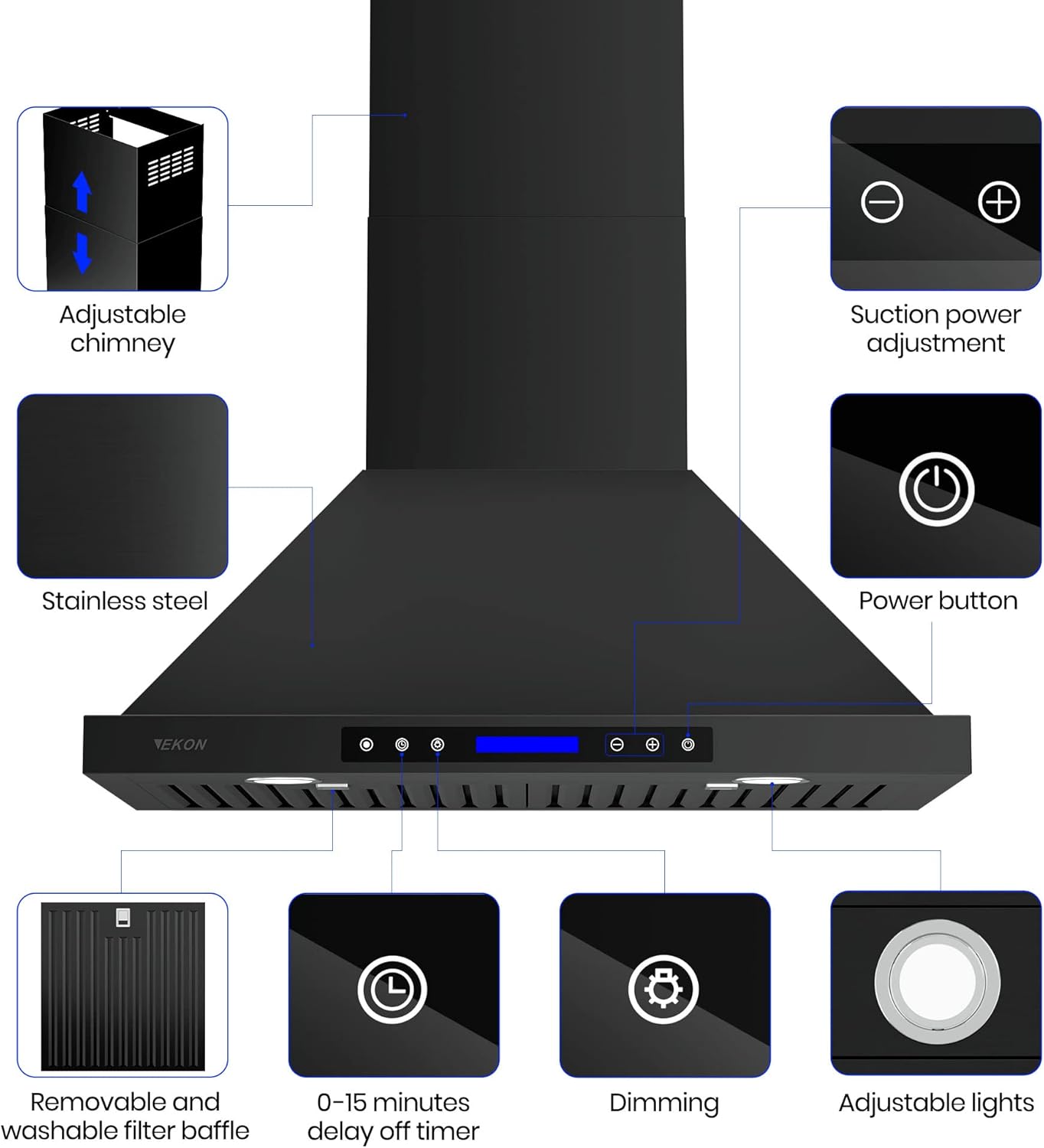 EKON NAP02 – Campana extractora negra de 900 CFM, montaje en pared, conductossin conductos, convertible para cocina, ventilación de chimenea, 4