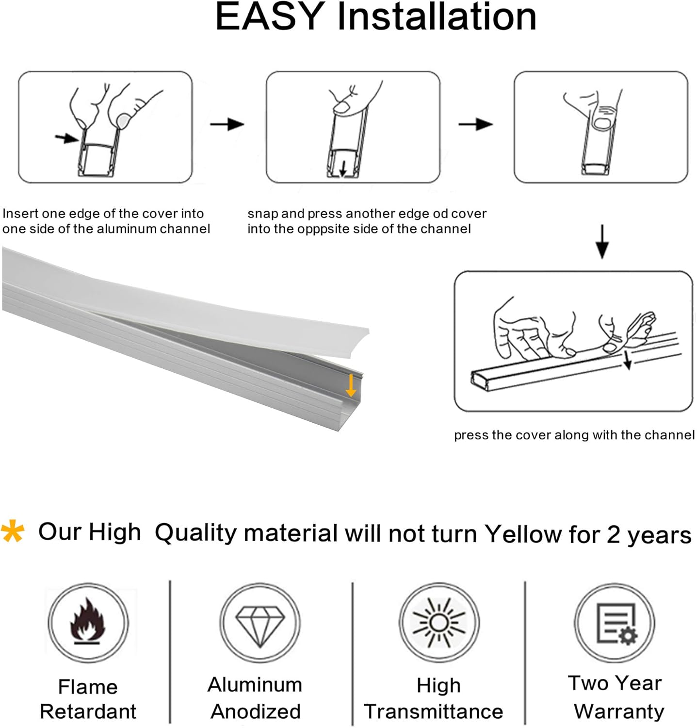 Paquete de 10 canales de aluminio LED en forma de U de tamaño grande de 3.3 pies con cubierta lechosa, tapas finales y clips de montaje, perfil de