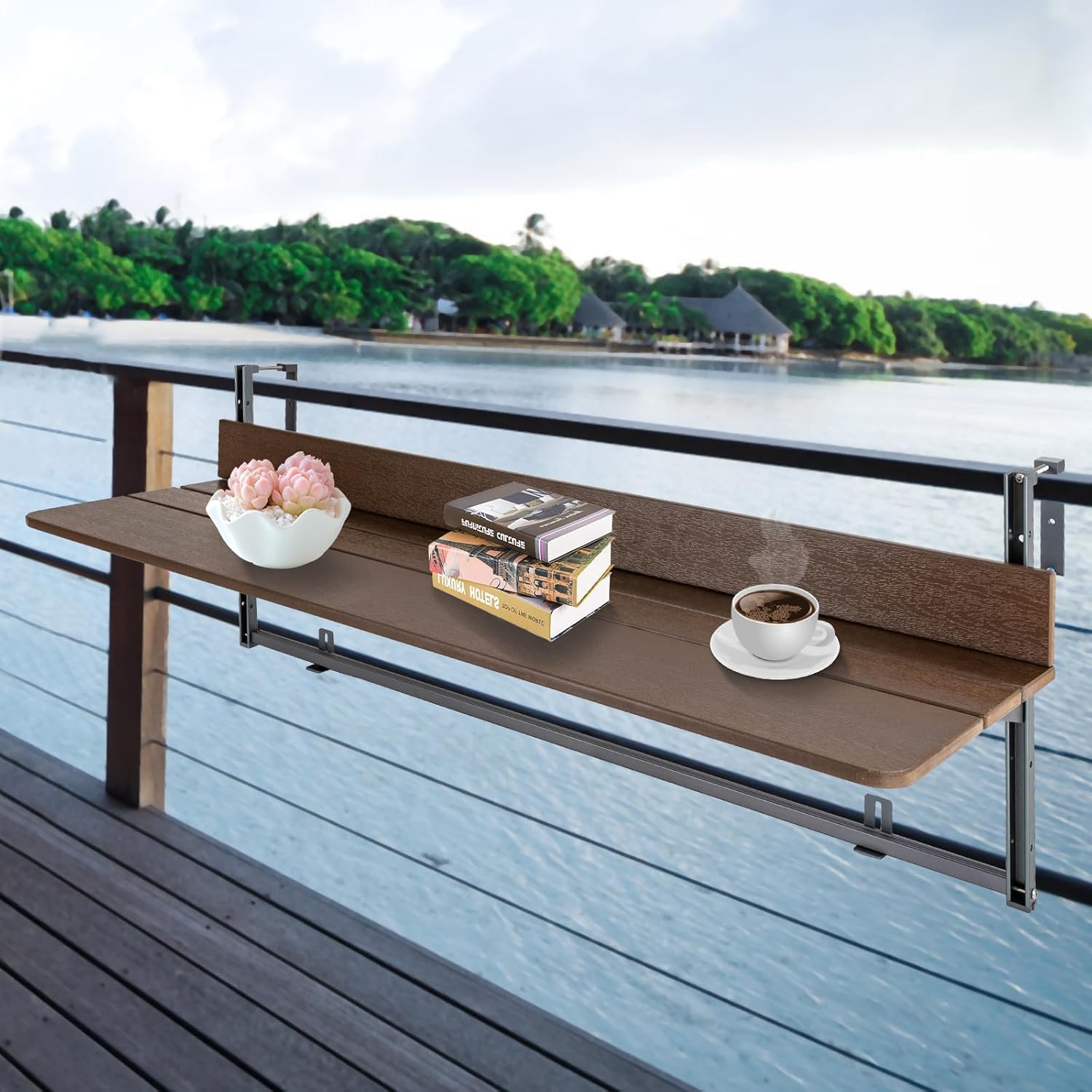 Mesa de bar de balcón para barandillas, mesa de balcón colgante de altura ajustable, mesa colgante plegable para exteriores, mesa de comedor marrón