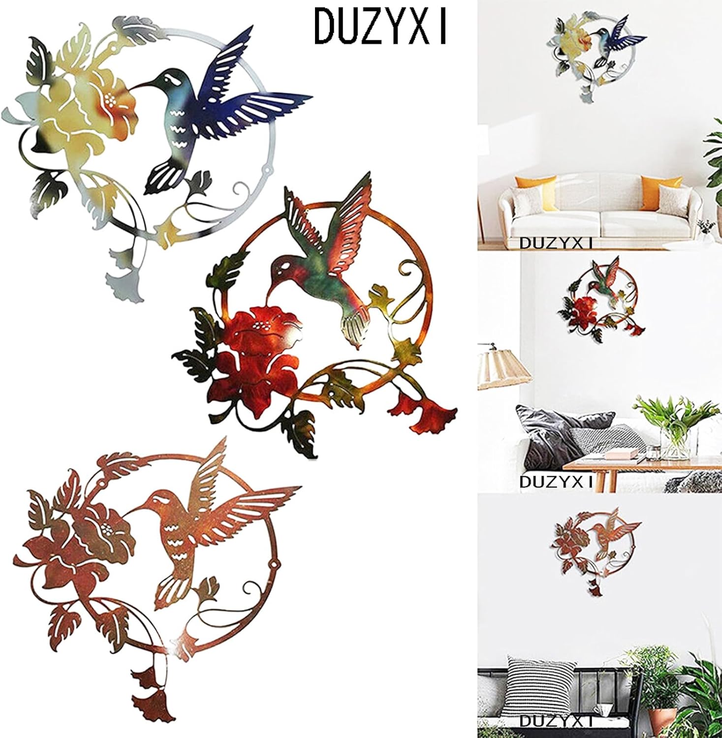 DUZYXI Decoración redonda de metal para pared, silueta de pared de pájaros de metal, decoración colgante de arte de pared de pájaros y flores,