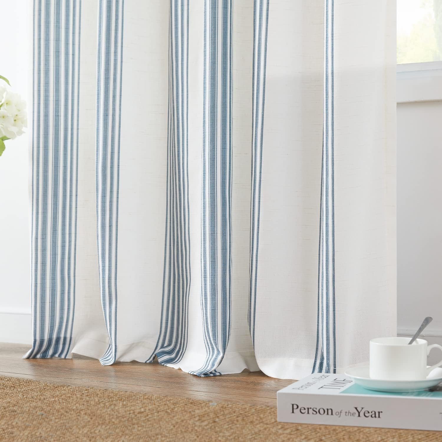 jinchan Cortinas de lino a rayas de 63 pulgadas de largo para sala de estar, cortinas semitransparentes con pestaña trasera, filtrante de luz,