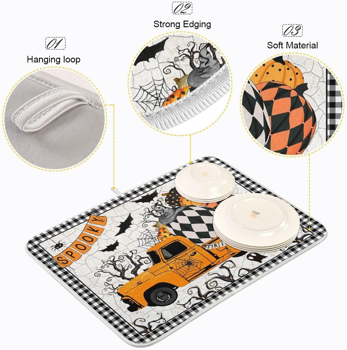 Tapete de secado de platos con diseño de calabaza y camión de Happy Halloween, tapete de secado de microfibra absorbente reversible para platos de