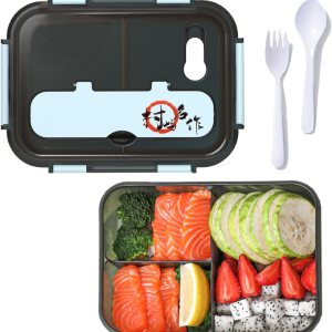 Caja Bento para adultos, loncheras de 3 compartimentos, caja Bento de 50.7 fl oz con cuchara y tenedor, a prueba de fugas, gruesa, duradera para Caja Bento para adultos, loncheras de 3 compartimentos, caja Bento de 50.7 fl oz con cuchara y tenedor, a prueba de fugas, gruesa, duradera para