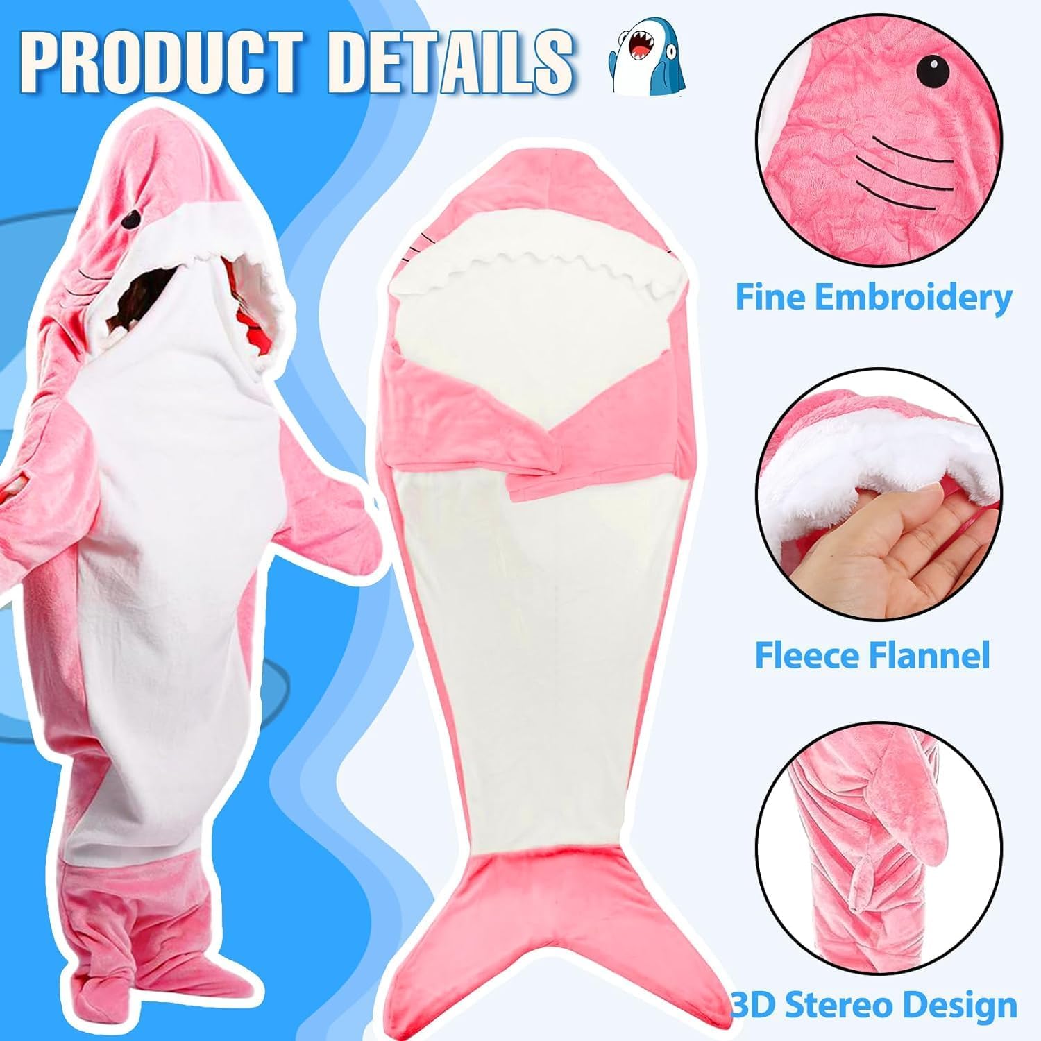 Manta de tiburón con capucha para adulto, cómoda manta de tiburón con capucha súper suave, saco de dormir de tiburón para adultos y niños (rosa,