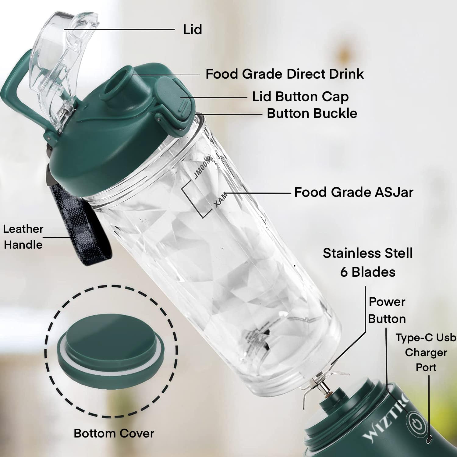 Licuadora portátil para batidos y batidos  Mini licuadora personal de 20 oz USB recargable licuadora de viaje con 6 cuchillas – verde oscuro