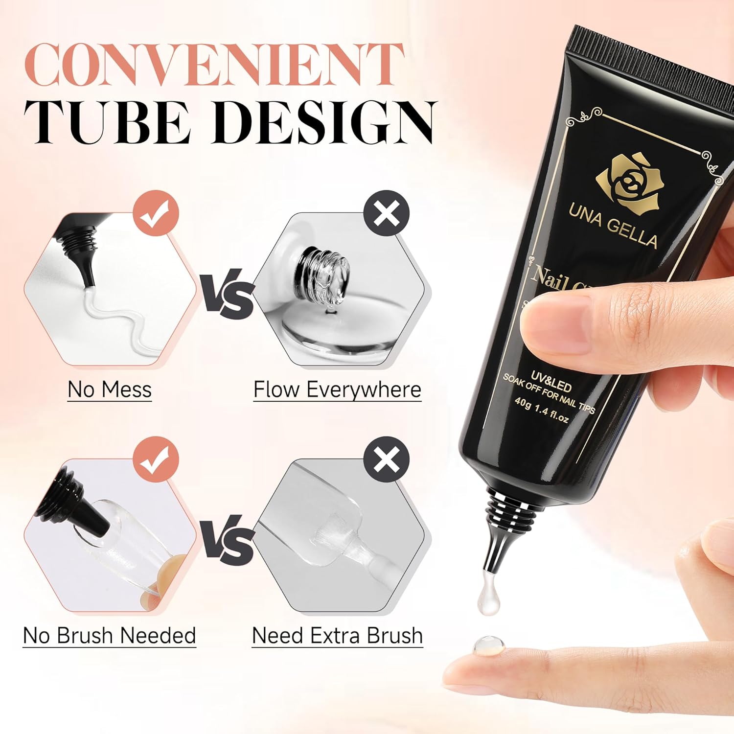 UNA GELLA Puntas de uñas de gel suave, gel de pegamento sólido para uñas, gel de pegamento de uñas de 1.4 fl oz, necesita secado por lámpara,