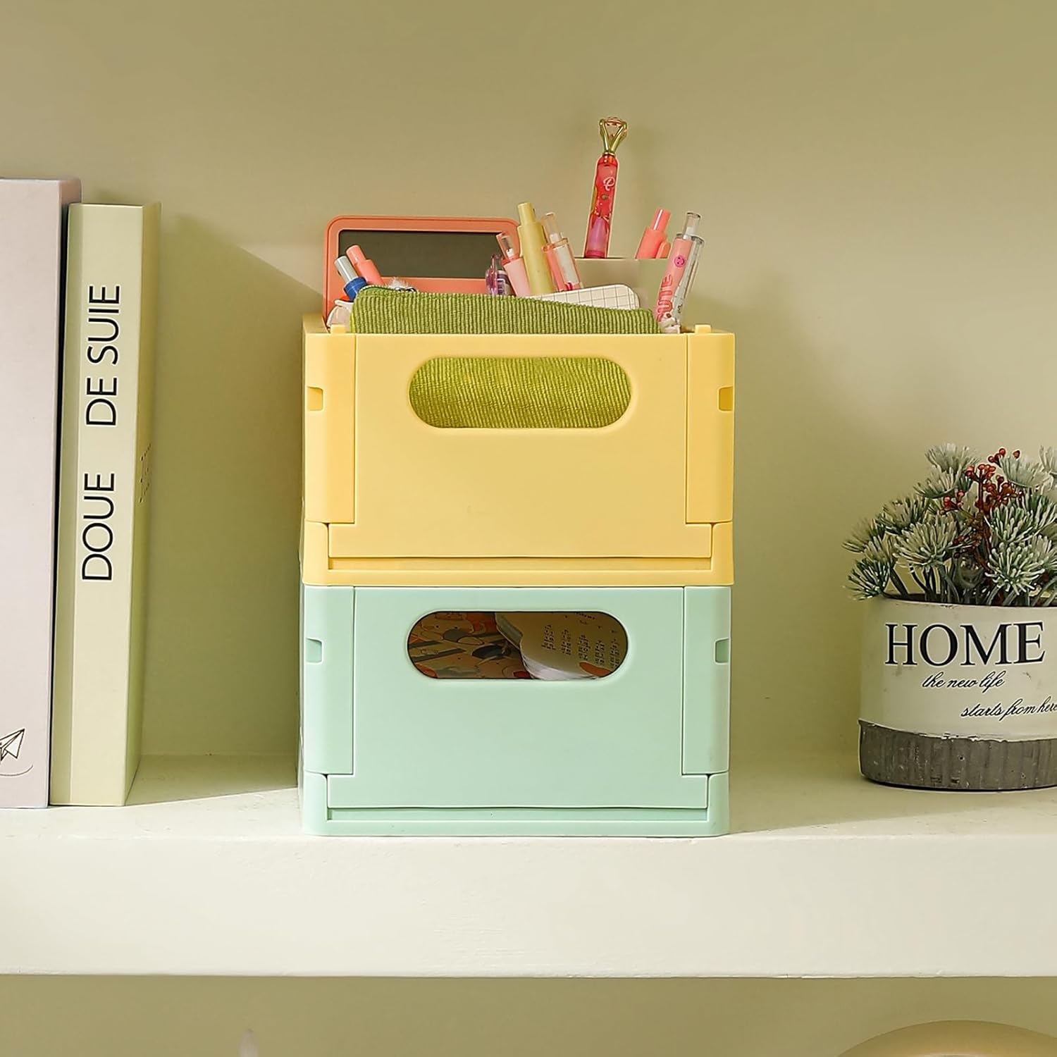 TRZZ Paquete de 2 mini cajas organizadoras de plástico plegables de plástico, contenedores apilables lindos para oficina y hogar, dormitorio, baño y
