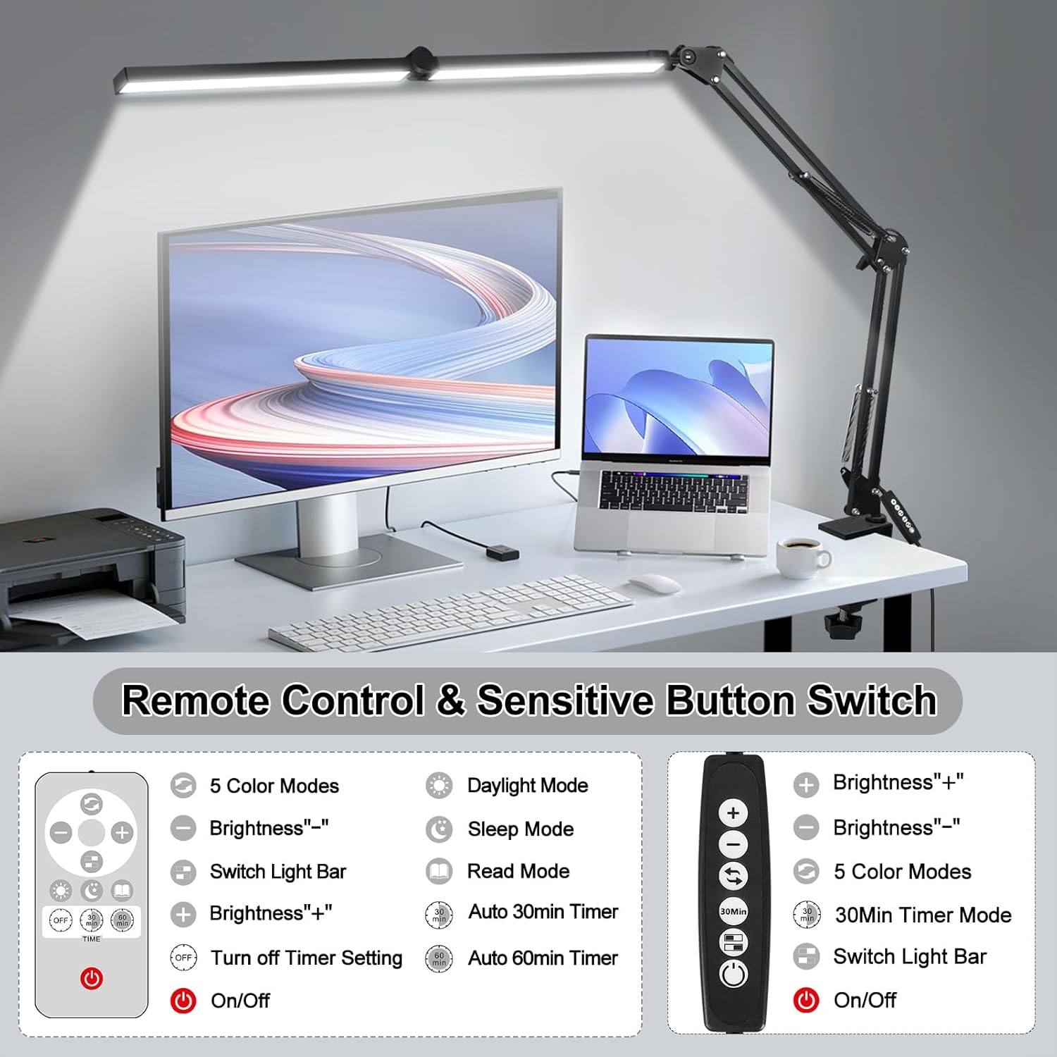 Lámparas de escritorio 2 en 1 para oficina en casa, lámpara de escritorio LED grande de 24 W con control remoto, lámpara de escritorio de