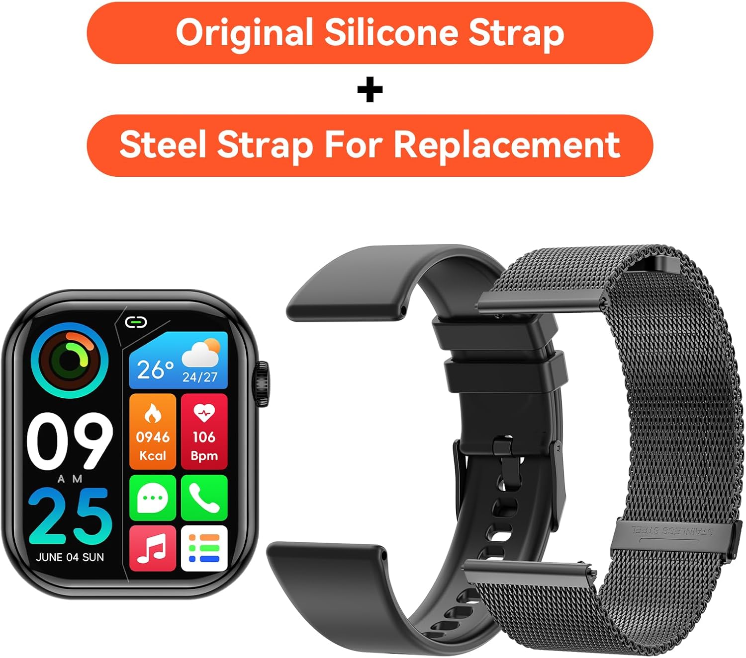 Reloj inteligente para hombres y mujeres (respuestahacer llamada), correa de silicona original, correa de acero de repuesto, monitor de frecuencia