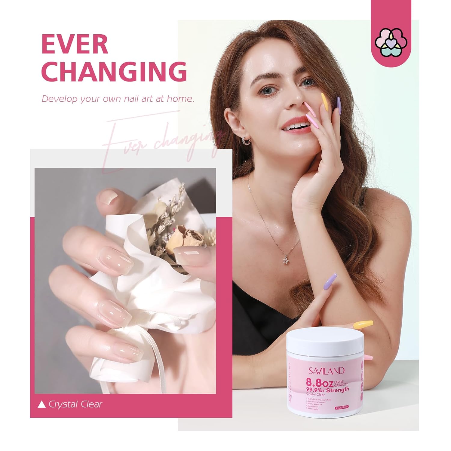 Saviland Polvo acrílico transparente  250 g8.8 oz polvo acrílico de uñas grande para extensión de uñas, polvo de uñas acrílico profesional