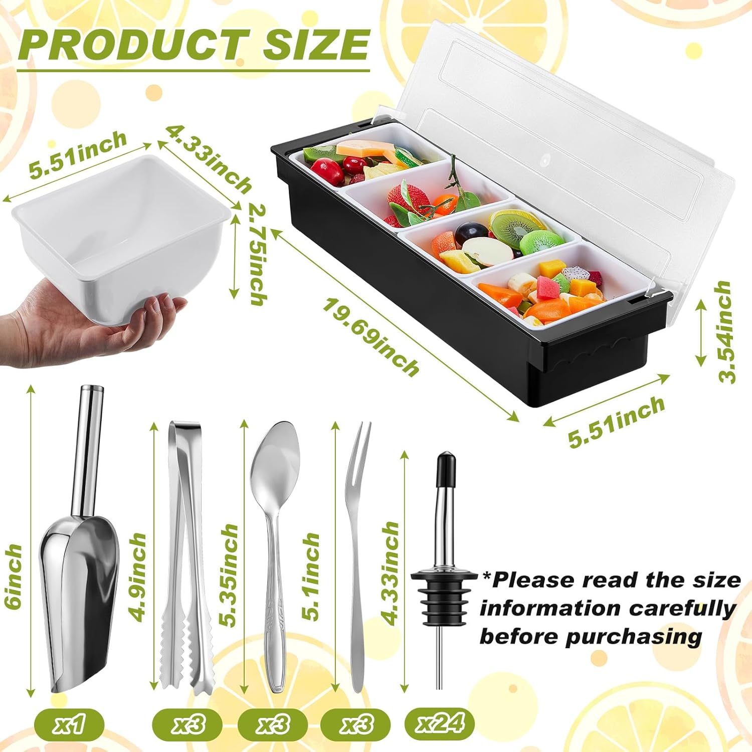 Nuanchu Contenedor de servir condimentos refrigerado por hielo, cuchara de acero inoxidable para hielo, 3 pinzas para servir, 3 tenedores de