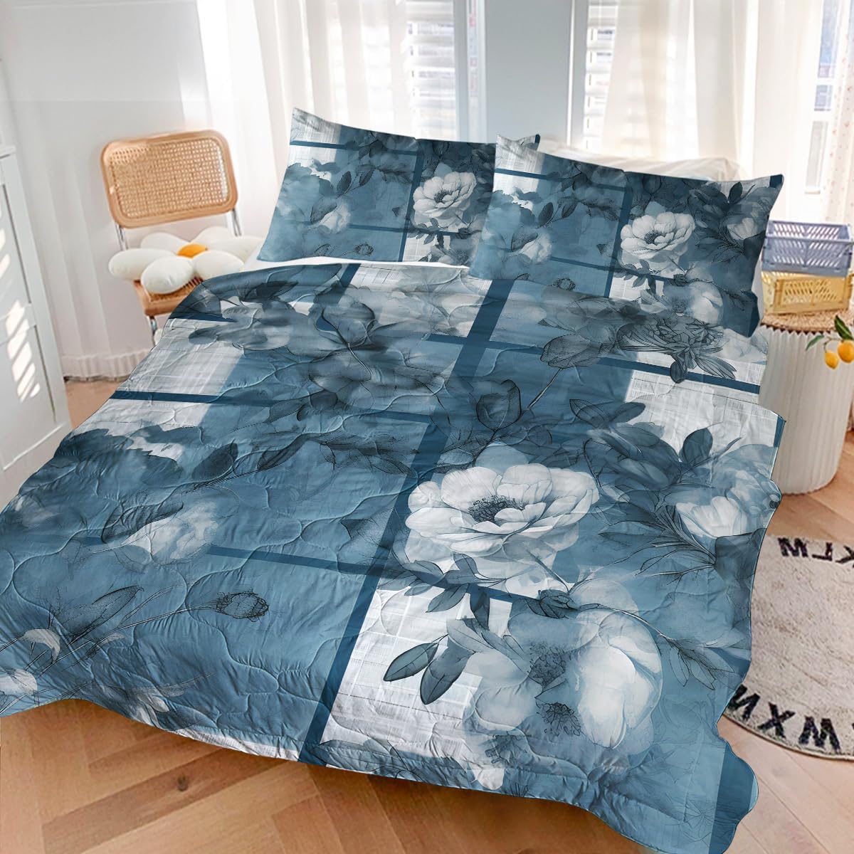 Juego de edredón floral tamaño individual de microfibra ligera azul lago Cymbidium Sinense botánico con todas las estaciones