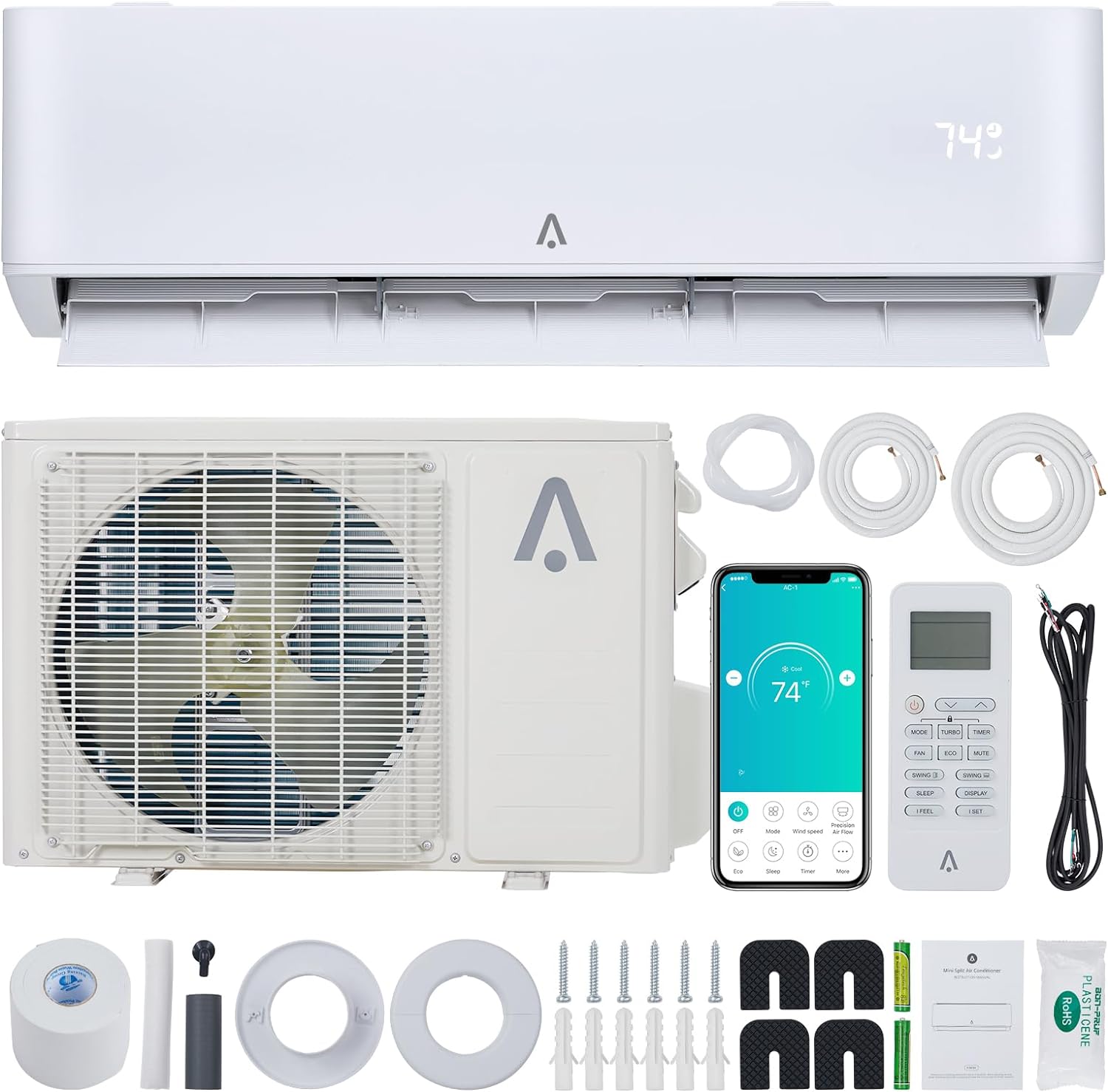 Mini sistema de calefacciónaire acondicionado dividido de 9,000 BTU, inversor de aire acondicionado dividido 23 SEER, enfría habitaciones de hasta