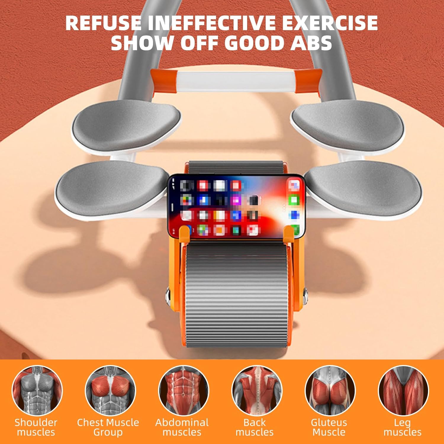 Rodillo de abdominales con soporte para el codo, rueda abdominal de rebote automático mejorada con 4 codos, temporizador, rodillera, equipo de