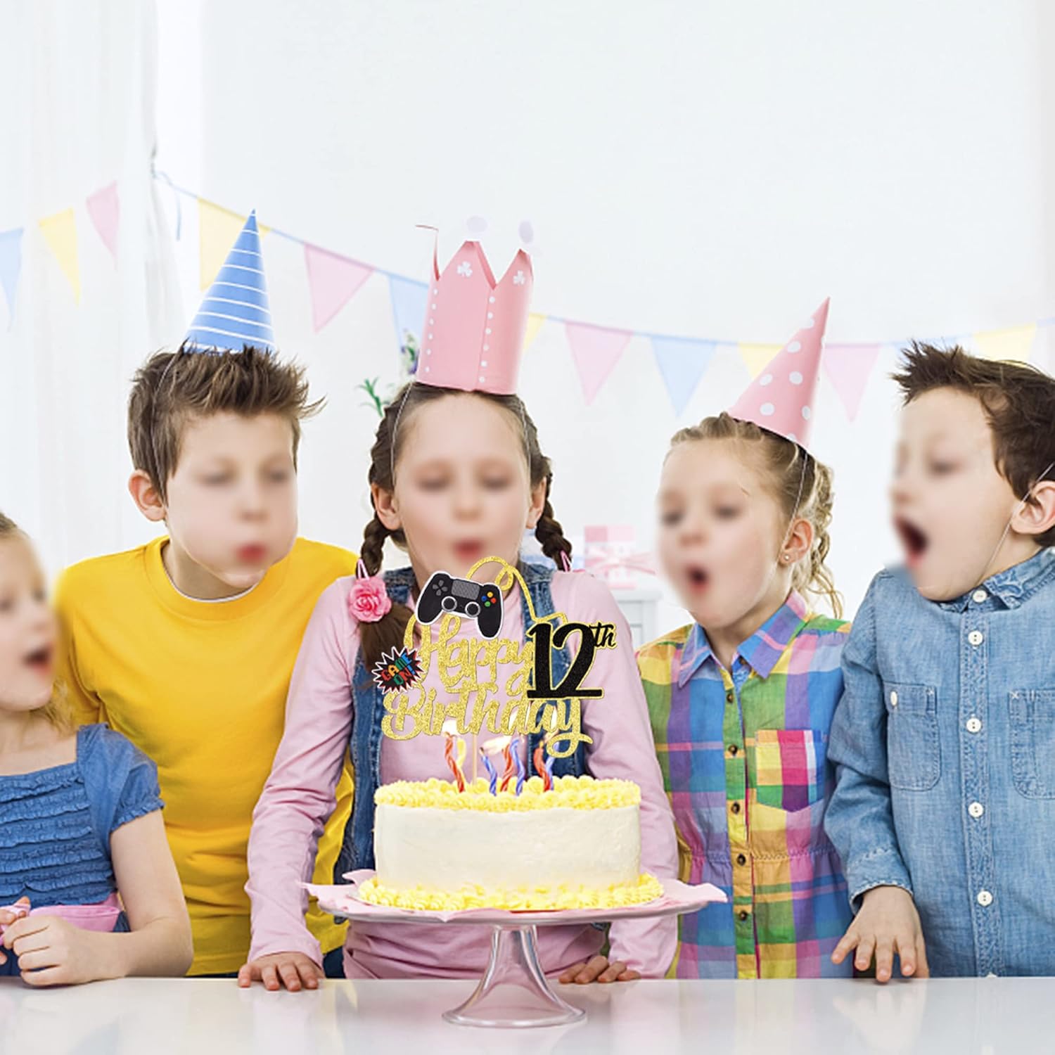 1 pieza de decoración de pastel de feliz cumpleaños 12 con purpurina para videojuego, juego de selección de pasteles en controladores, 12 saludos a
