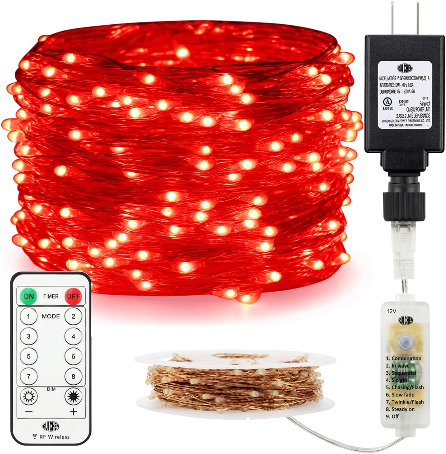 Guirnalda de luces regulables enchufables de 72 pies, 200 luces LED de alambre de cobre parpadeantes con temporizador remoto RF, rojo