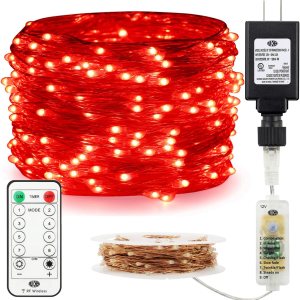 Guirnalda de luces regulables enchufables de 72 pies, 200 luces LED de alambre de cobre parpadeantes con temporizador remoto RF, rojo Guirnalda de luces regulables enchufables de 72 pies, 200 luces LED de alambre de cobre parpadeantes con temporizador remoto RF, rojo