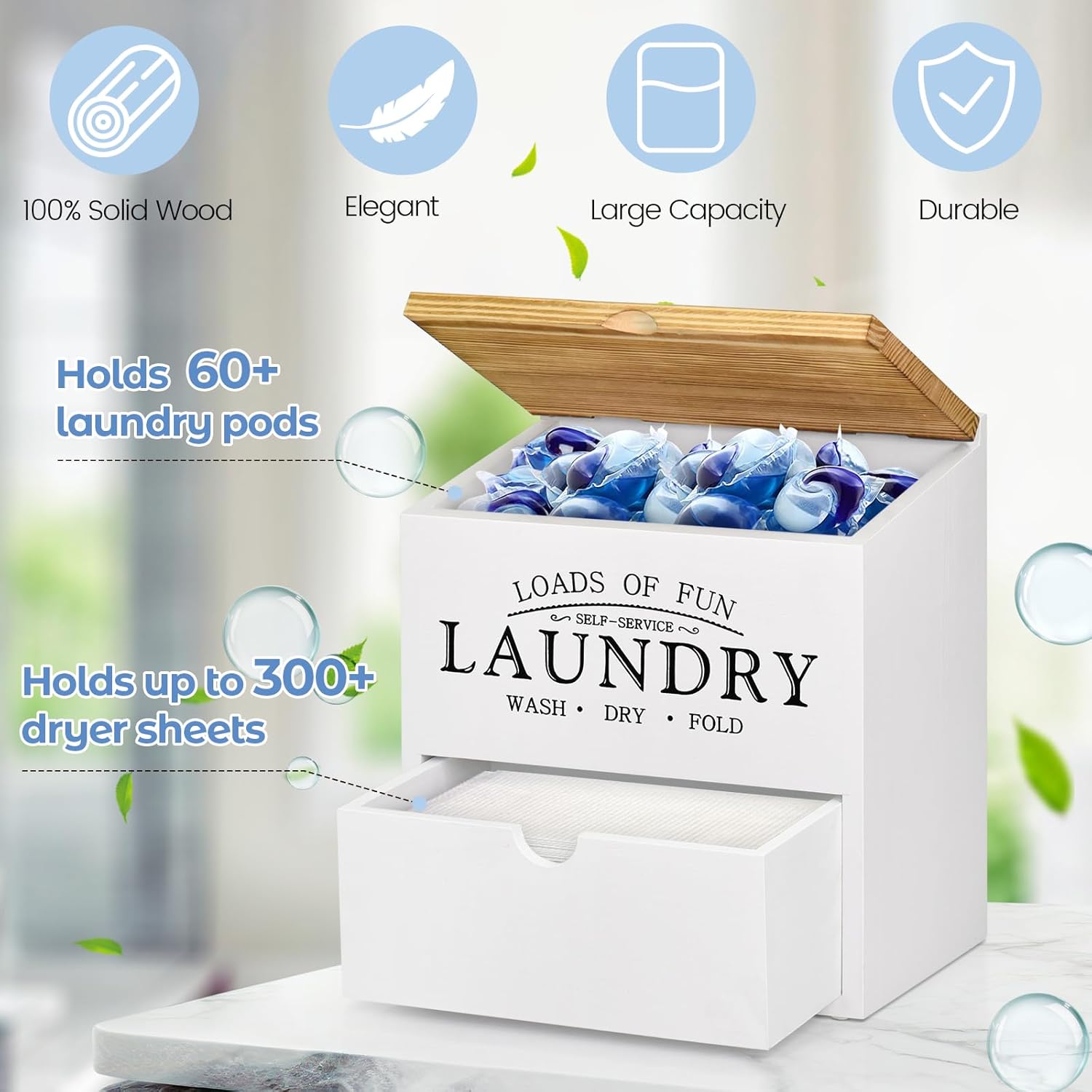 Contenedor de hojas de secadora para organización de lavandería, contenedor de cápsulas de lavandería con tapa y cajón, caja organizadora de