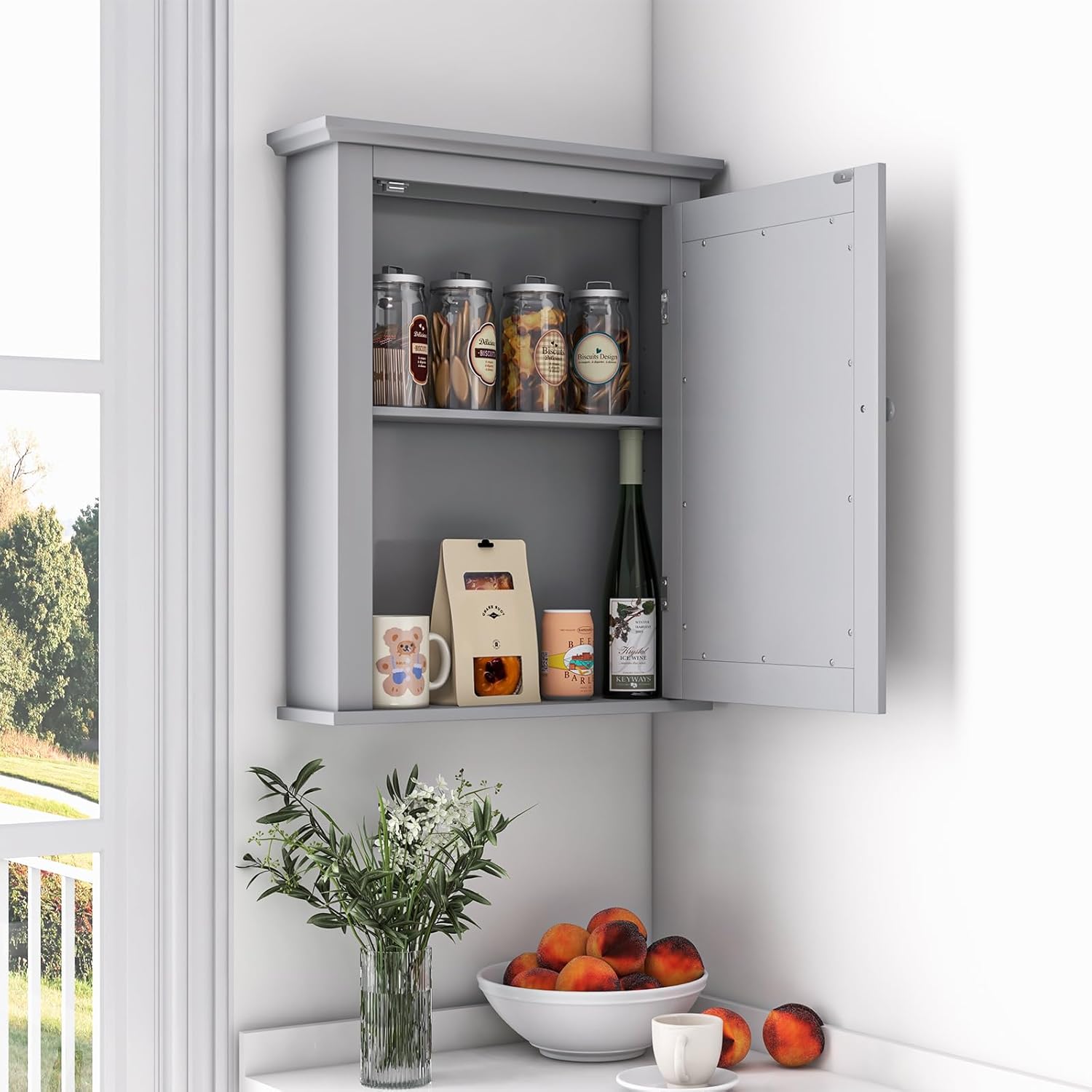 Safeplus Botiquín gris con espejo, almacenamiento ajustable montado en la pared para baño, sala de estar, dormitorio, entrada y cocina