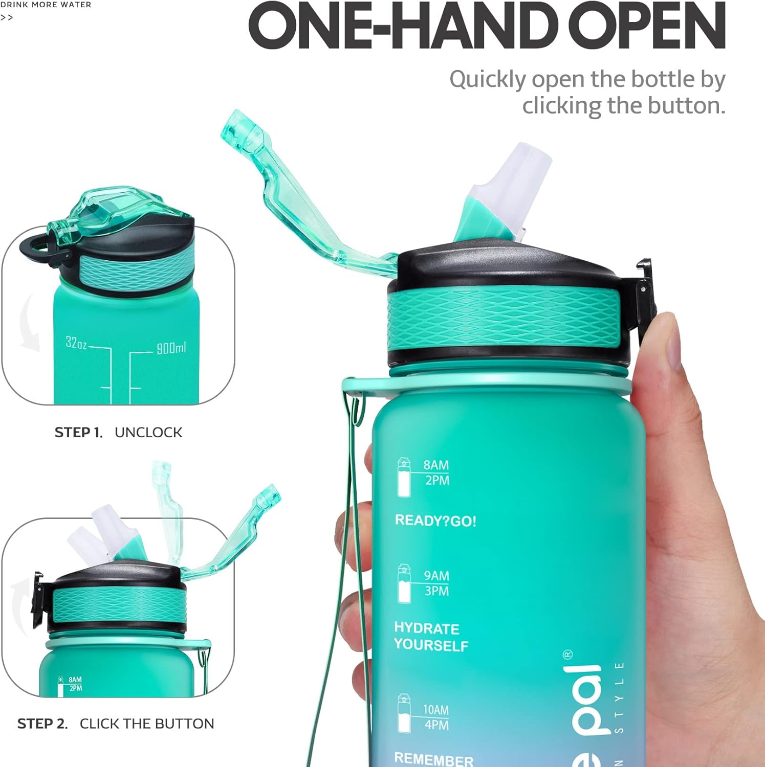 Venture Pal 22 oz 32 oz Sports Water Bottle with Time Marker, Carry Strap and Cleaning Brush – BPA Free, Leak Proof, Straw Lid – Perfect for Fitness
