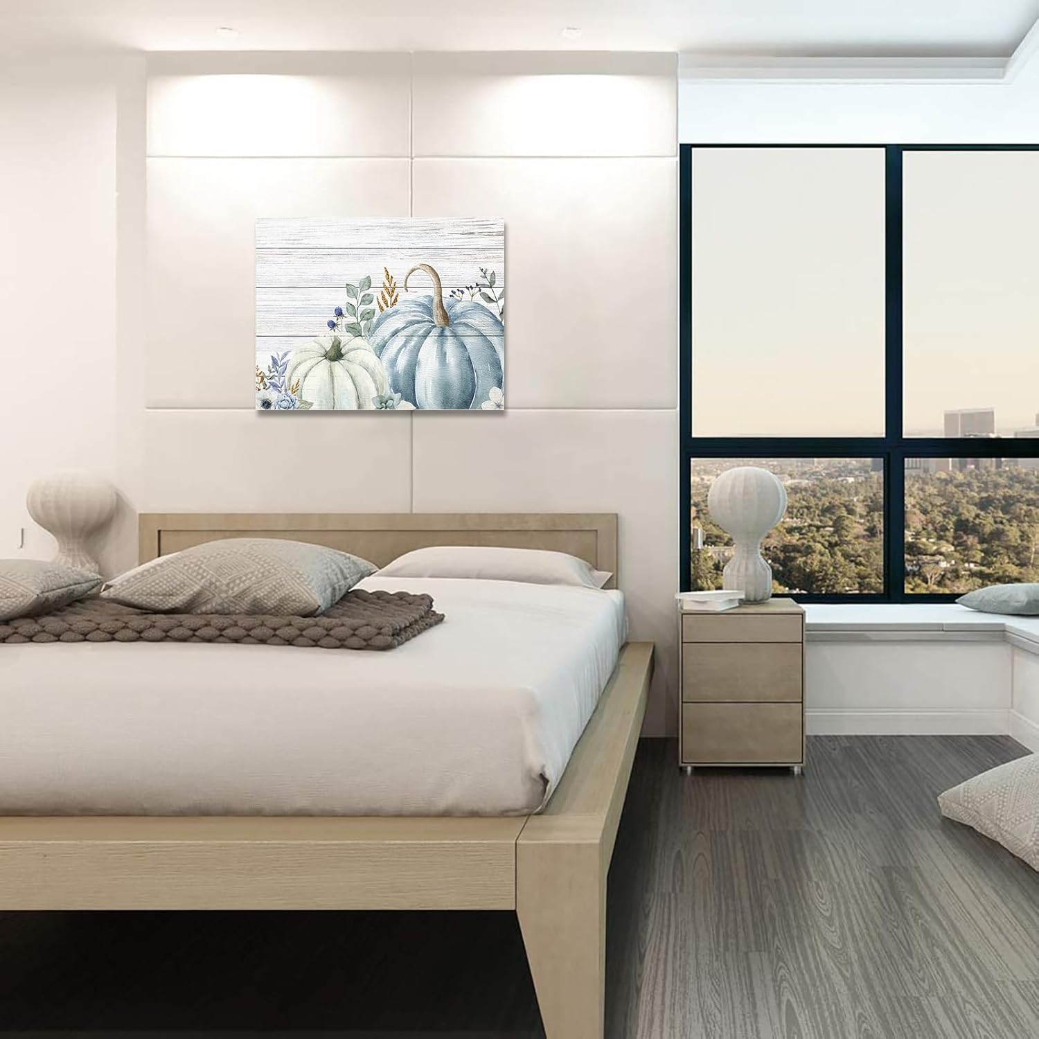 Arte de pared de calabaza azul y blanca para sala de estardormitorio, lienzo para decoración de baño, cocina, oficina, pintura al óleo enmarcada de