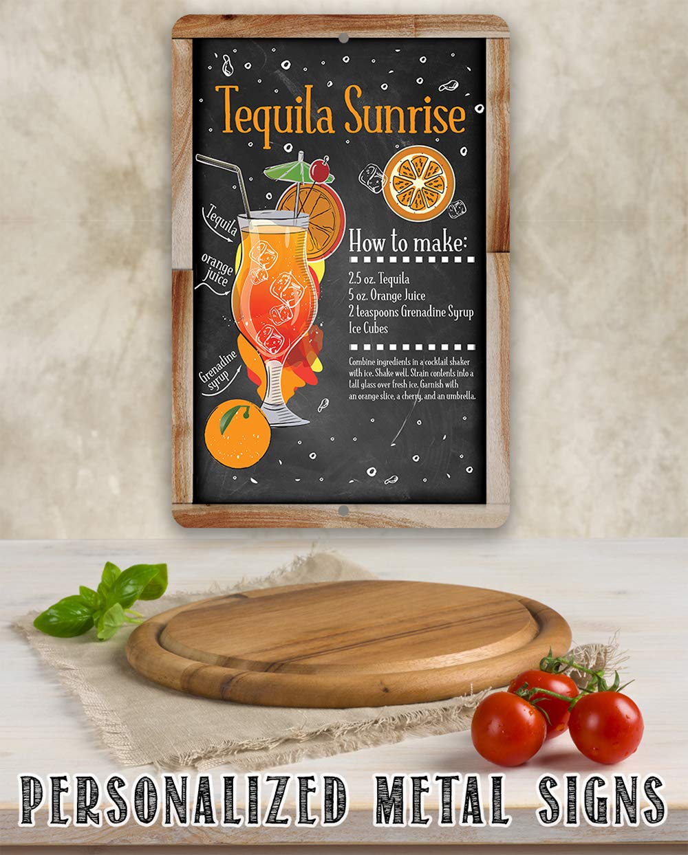 Tequila Sunrise Bar Recipe – Great Cocktail Drink Mix Decoration, Home Bar and Shed Decor, Kitchen and Bar Restaurant Display, 8×12 Indoors or