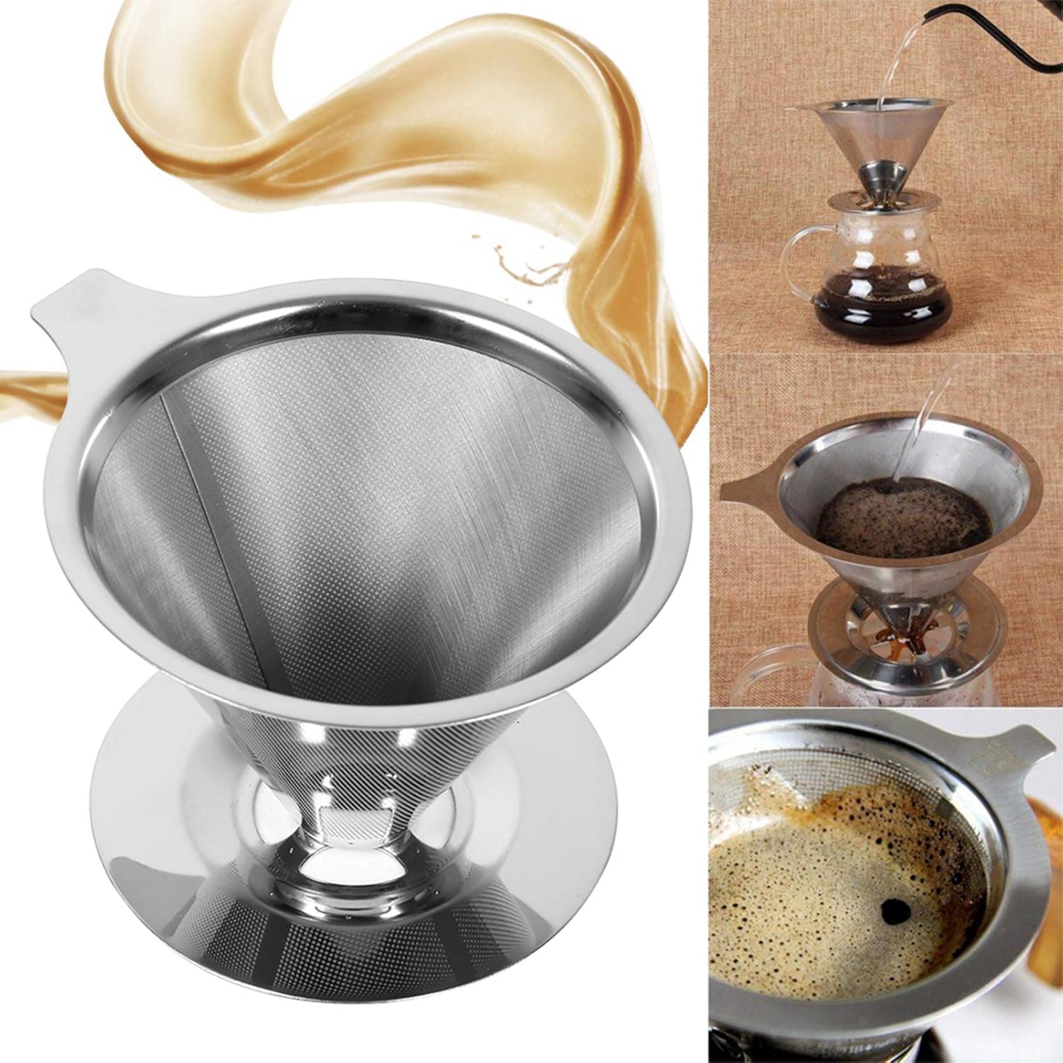 Vierta sobre el gotero de café, filtro de acero inoxidable, filtro de café reutilizable, soporte de taza de filtro de malla de doble capa, uso en
