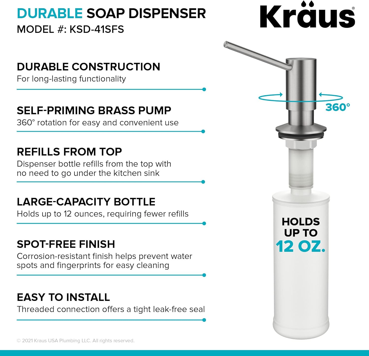 KRAUS Dispensador de jabón y loción de cocina en acero inoxidable sin manchas, KSD-41SFS