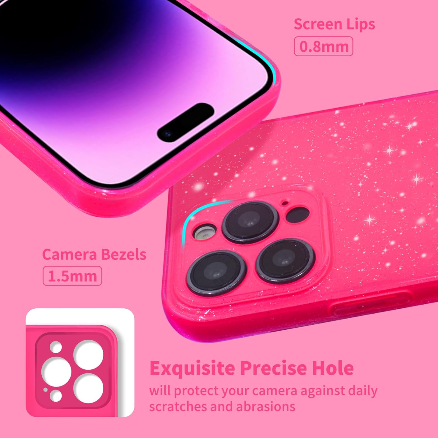 Funda para iPhone 15 Pro Max con purpurina, para iPhone 15 Pro Max, rosa intenso para mujeres y niñas, funda de silicona suave para 15 Pro Max, rosa