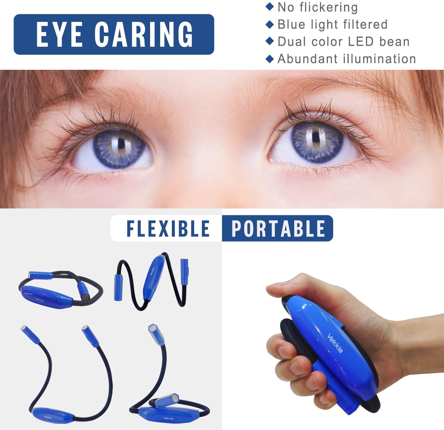 Vekkia Luz ligera de lectura para el cuello, luces de lectura para libros en la cama, luz de cuello para tejer, 3 colores, 9 brillo, recargable,