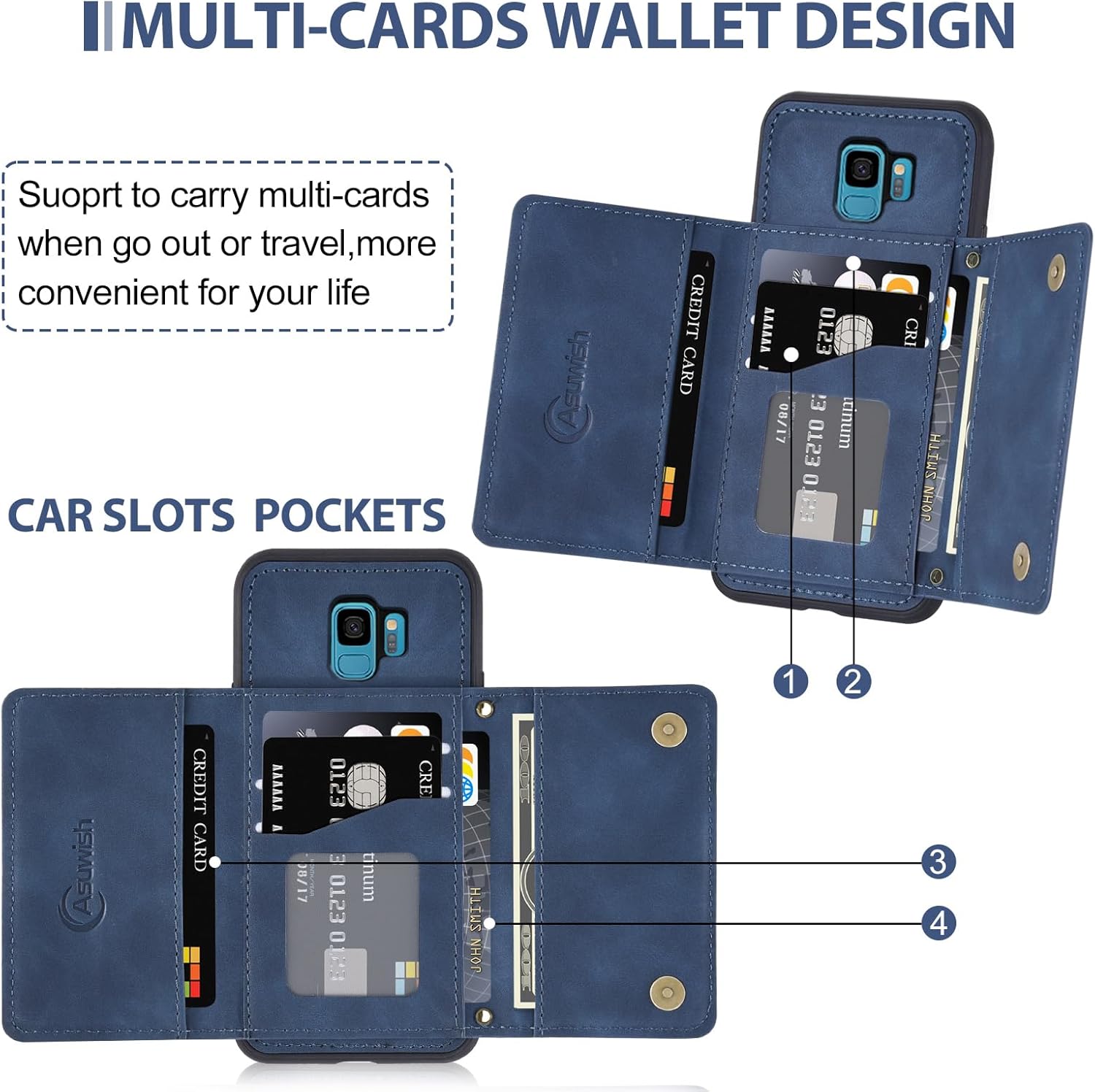 Asuwish Funda de teléfono para Samsung Galaxy S9 con protector de pantalla de vidrio templado y soporte de cuero sintético para tarjetas de crédito,