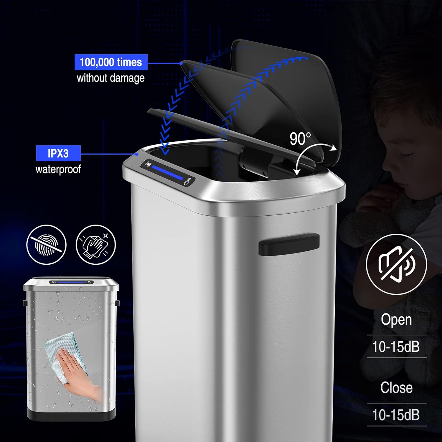 Bote de basura automático inteligente de 13 galones de 50 litros con tapa, cuerpo grueso de acero inoxidable y tapa de sensor sin tacto súper