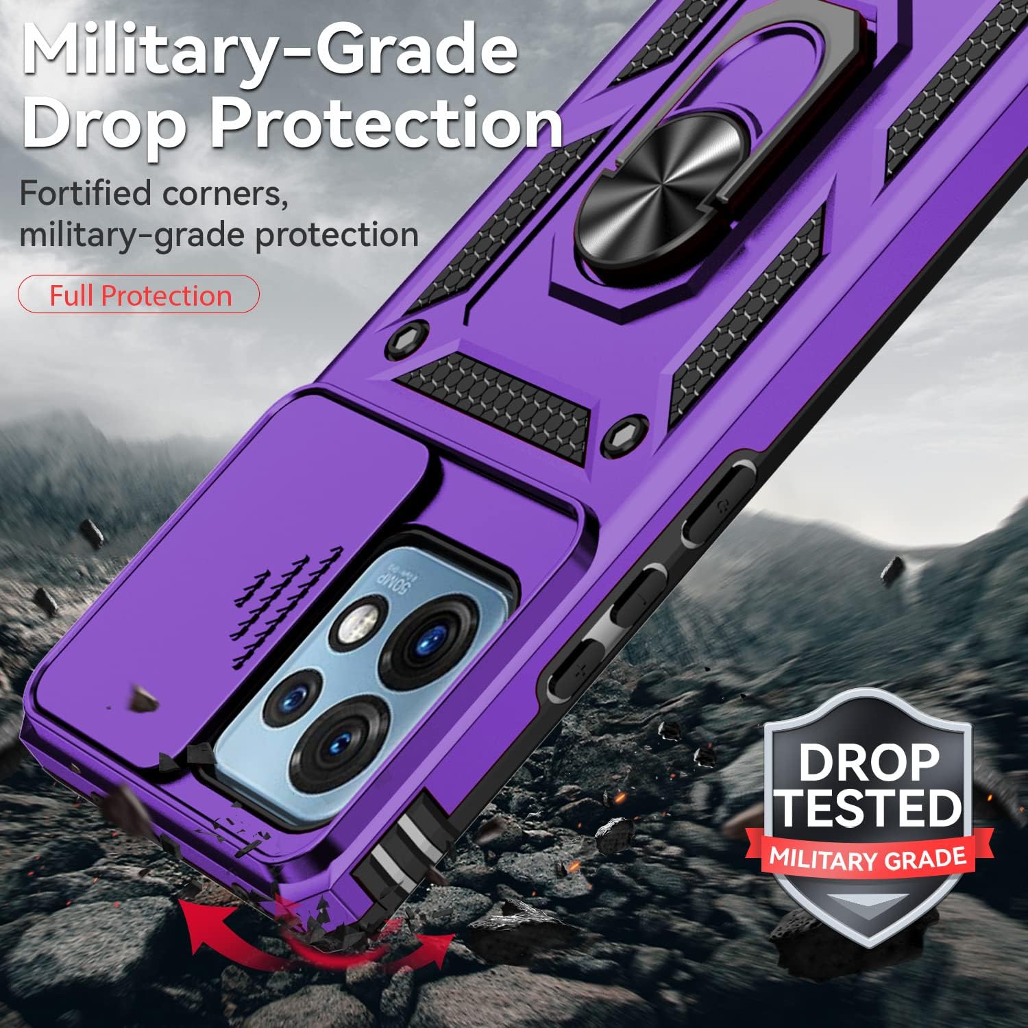 Funda para Motorola Edge Plus 2023 con funda para cámara deslizante y protector de pantalla HD grado militar de 16 pies probada en caídas Funda