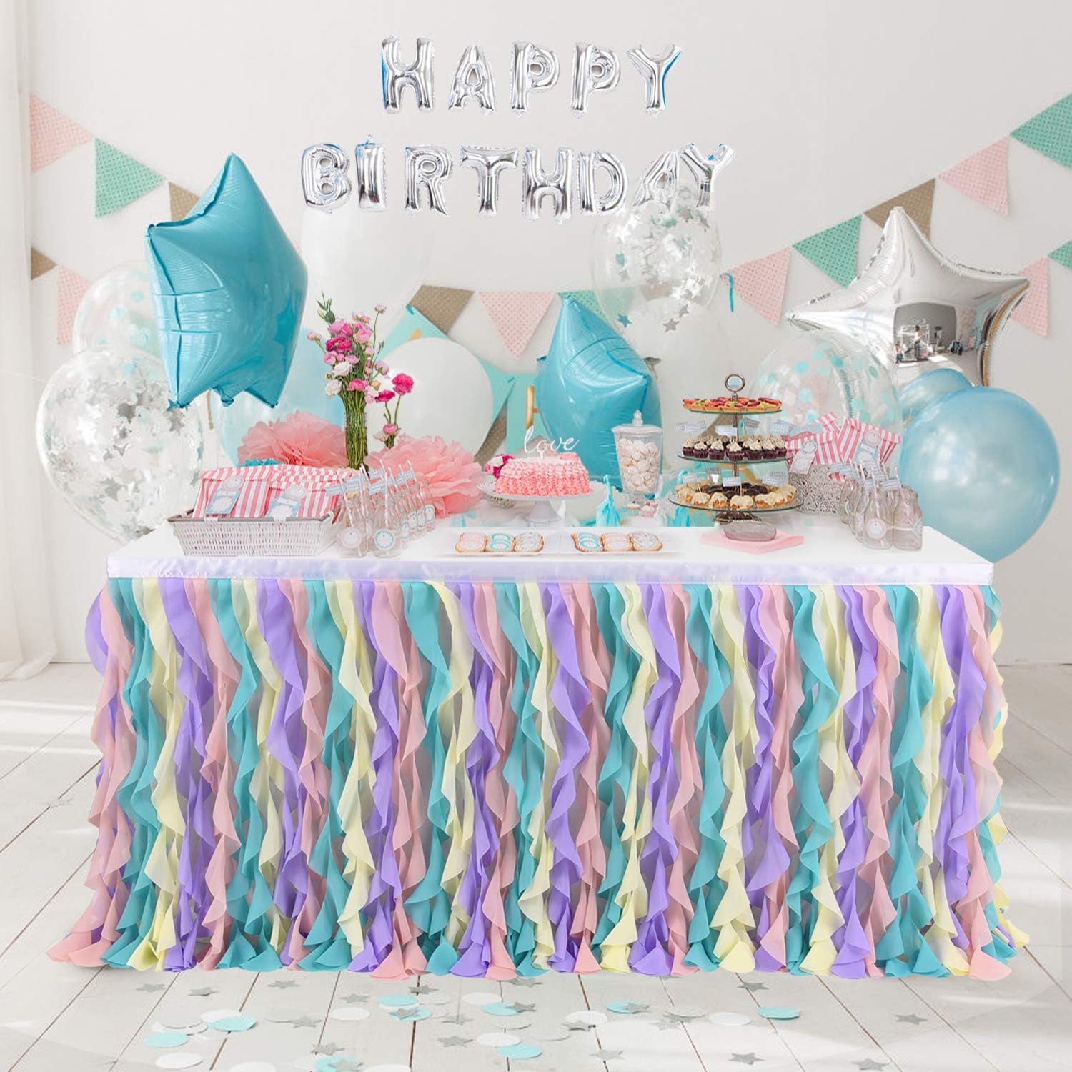 Mantel de unicornio rizado de sauce arcoíris para mesa rectangular de fiesta, falda de mesa de tul tutú para fiesta de cumpleaños, revelación de