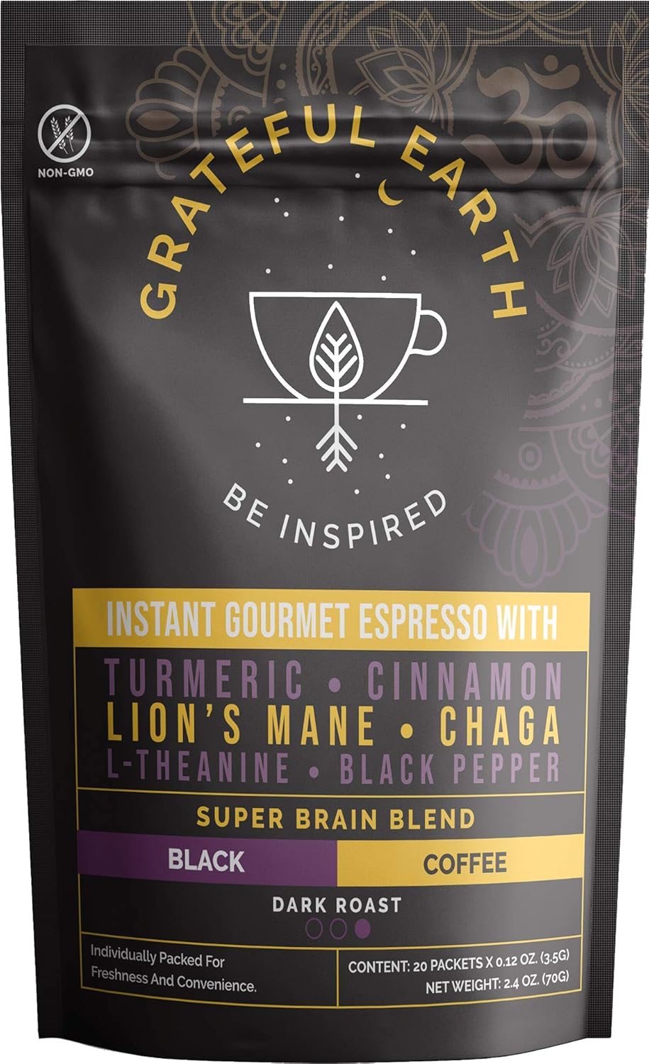 Grateful Earth Super Brain Blend Instant Gourmet Espresso  Café negro instantáneo con nootrópicos  20 paquetes  Café Robusta y arábica Microground