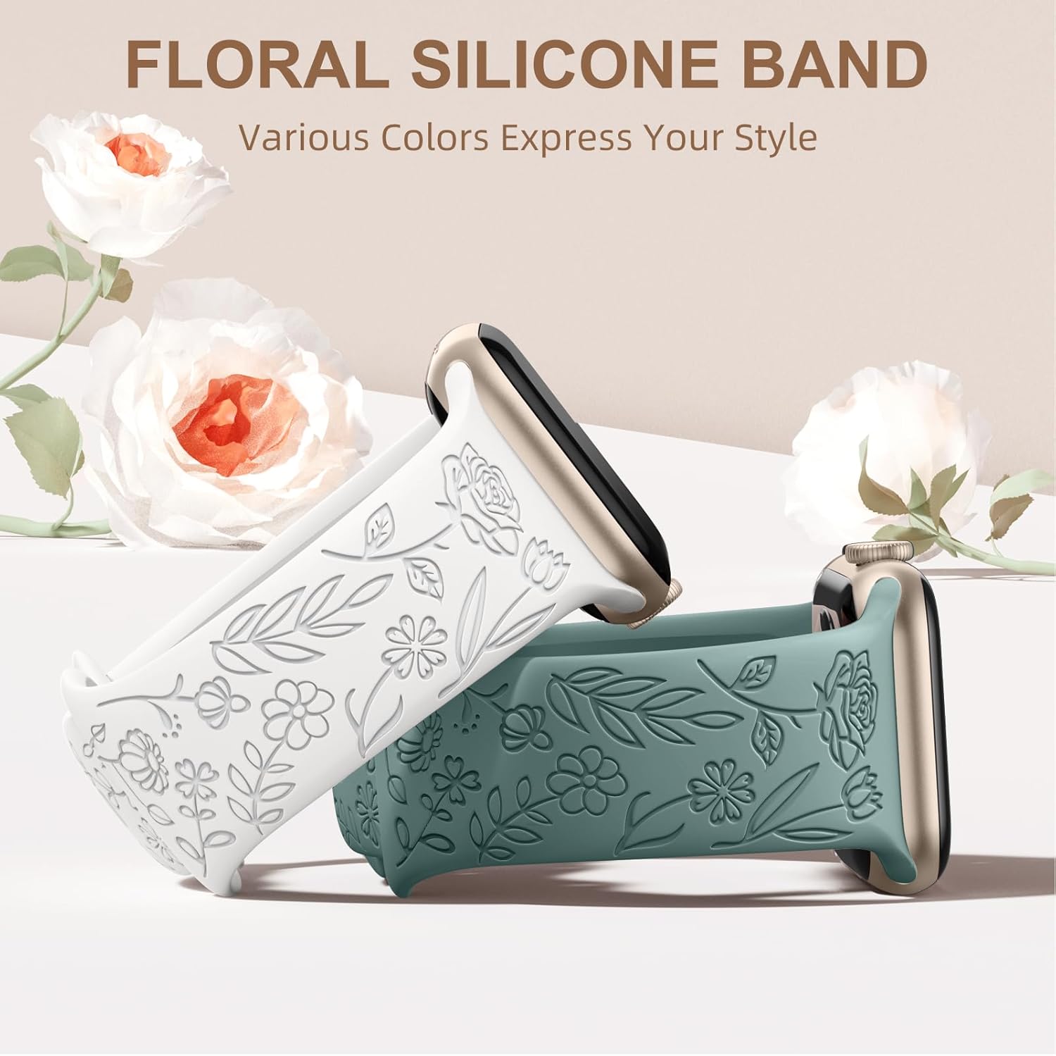 DaQin Paquete de 4 correas con grabado floral compatibles con Apple Watch de 1.496 pulgadas, 1.575 pulgadas, 1.614 pulgadas, 1.654 pulgadas, 1.732