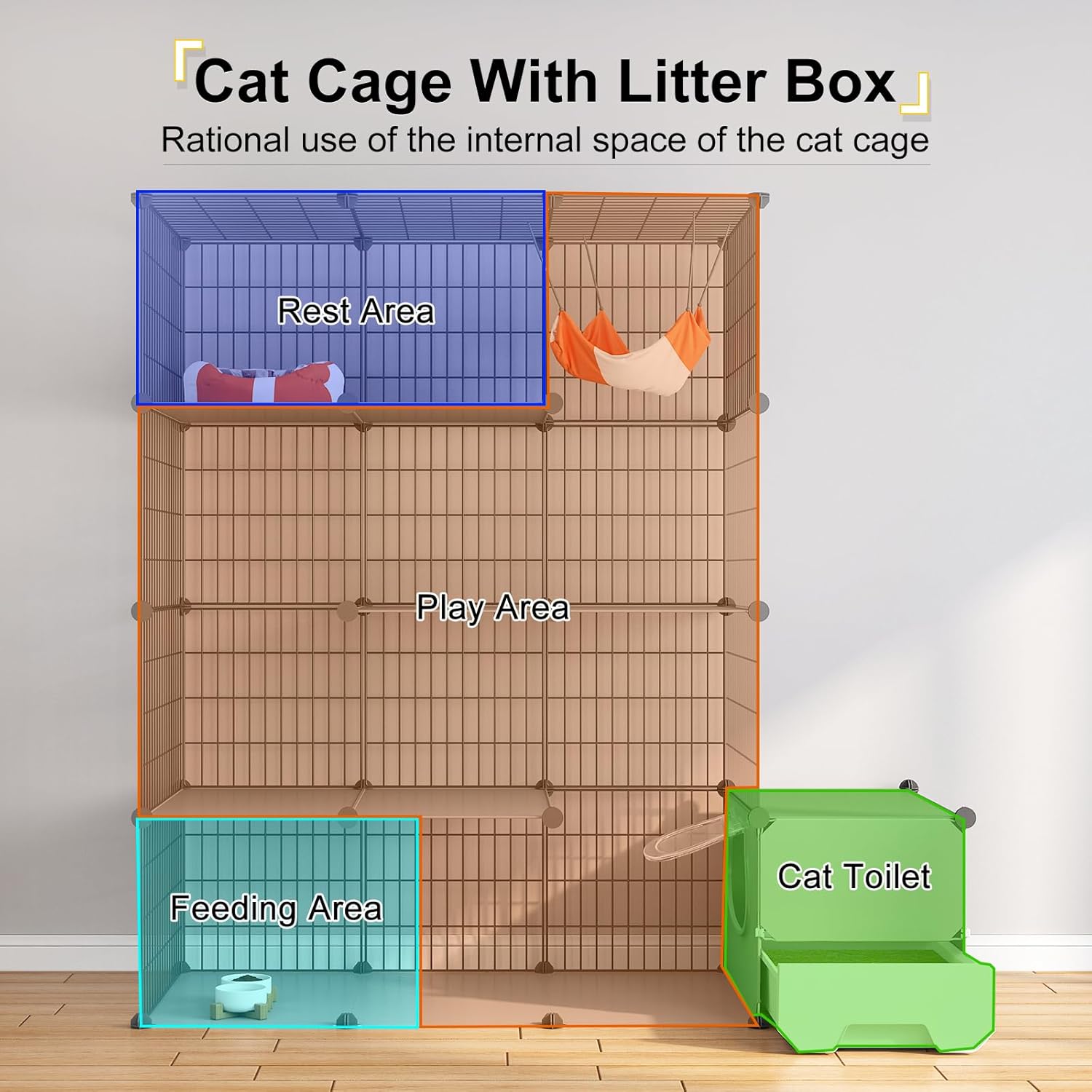 Jaula para gatos con caja de arena, recintos para gatos de 4 niveles, corralito grande, desmontable, alambre de metal, jaula para interiores, lugar