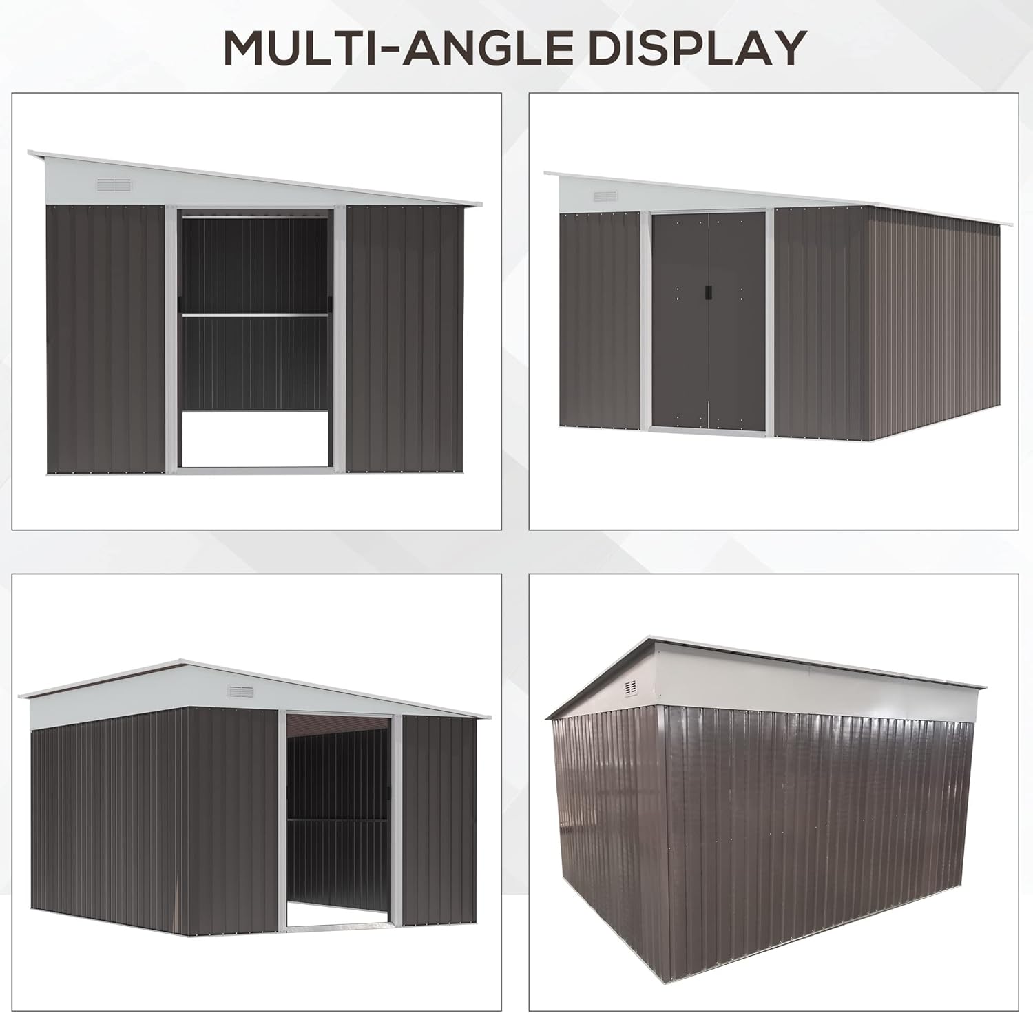 Outsunny Cobertizo de almacenamiento de jardín de acero de 11 x 9 pies para exteriores, con puertas correderas dobles con cerradura y 2 rejillas de