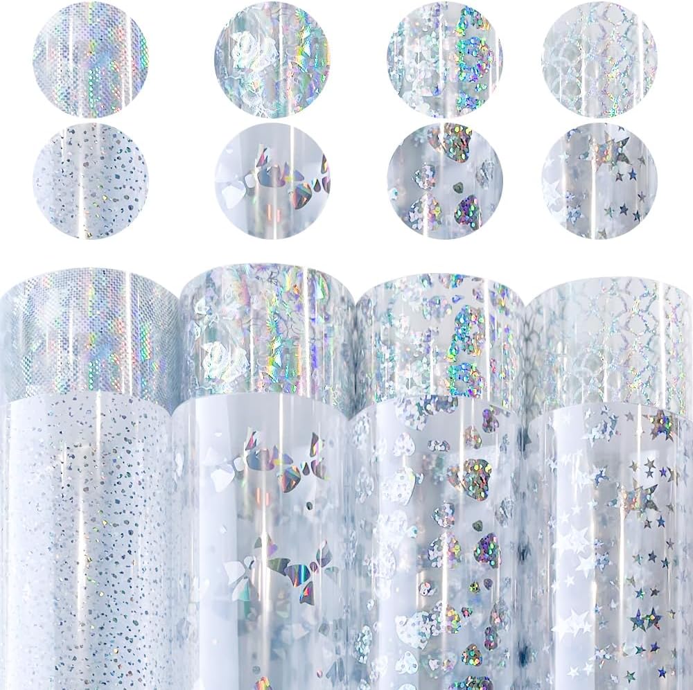 Vinilo adhesivo holográfico permanente, 16 hojas de 12 x 12 pulgadas, película transparente iridiscente impermeable con moños de flores y patrones