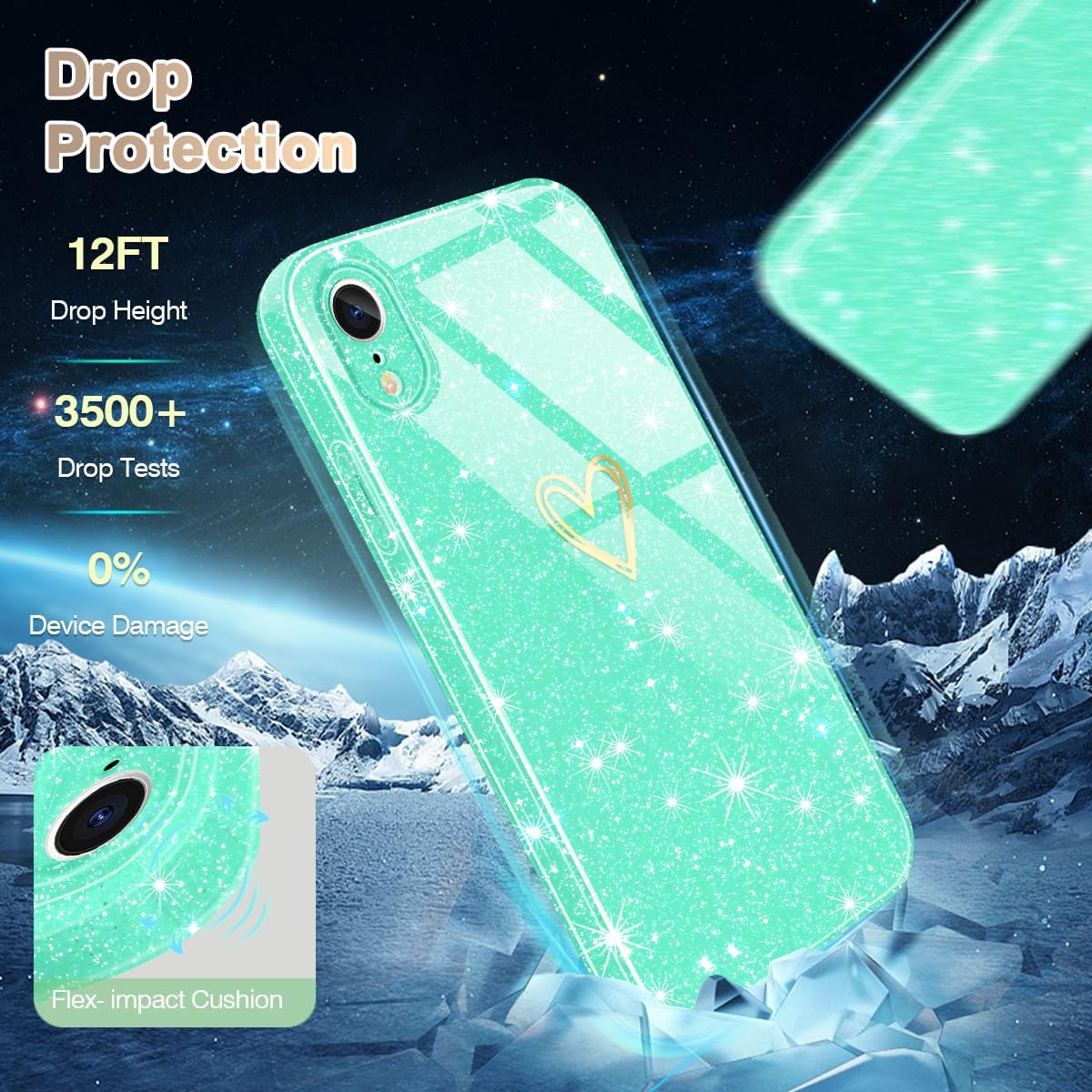 Funda para iPhone XR, purpurina transparente con 1 protector de pantalla de vidrio templado Funda protectora de silicona suave a prueba de golpes