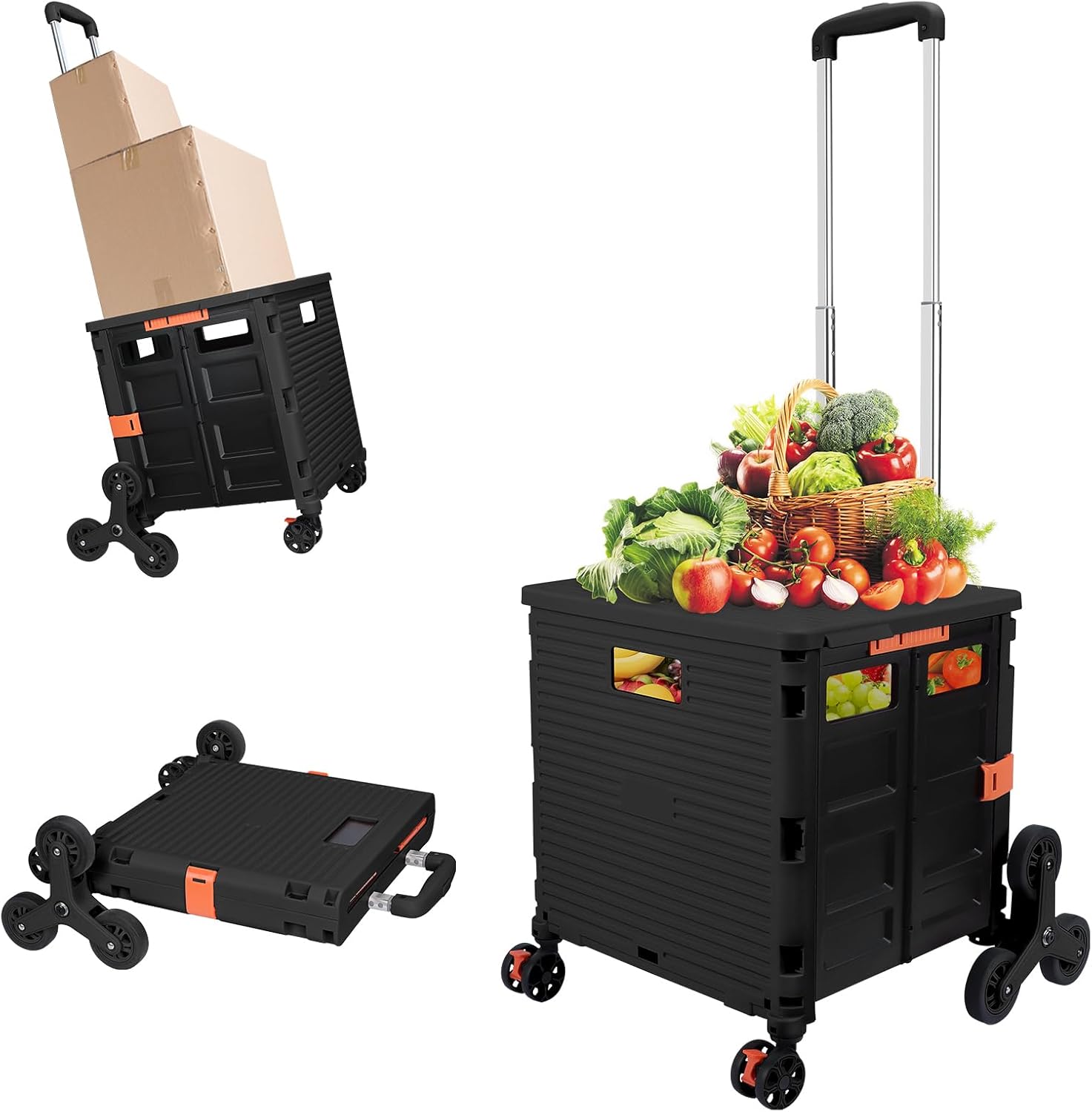 FELICON SELORSS – Carrito plegable portátil con ruedas para subir escaleras y ruedas giratorias de 360, mango telescópico, caja de plástico para