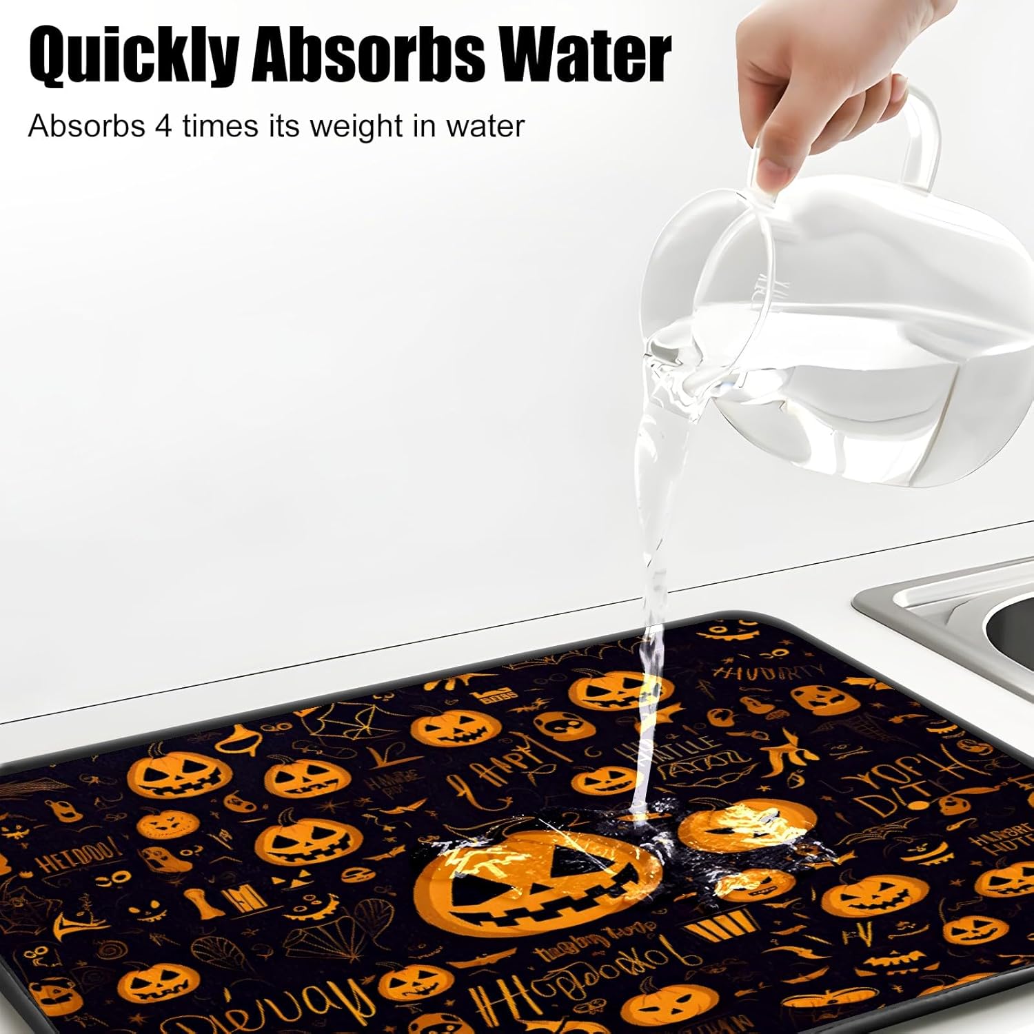 Alfombrillas de secado de platos de calabaza gótica feliz para encimera de cocina, 24 x 18 pulgadas, decoración gótica, almohadilla de secado de