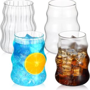Tioncy 4 vasos de vidrio acanalado vintage con forma de ola, vasos de cóctel de 18 onzas, vasos de café helado transparentes, juego de cristalería Tioncy 4 vasos de vidrio acanalado vintage con forma de ola, vasos de cóctel de 18 onzas, vasos de café helado transparentes, juego de cristalería