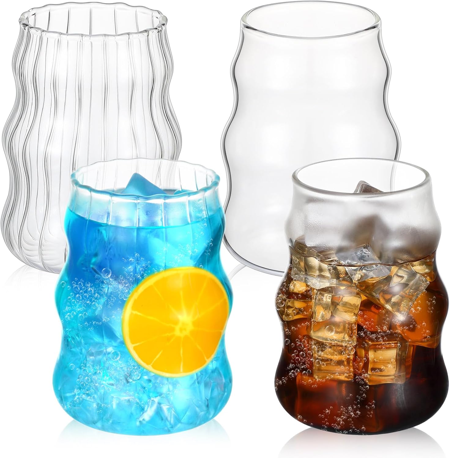 Tioncy 4 vasos de vidrio acanalado vintage con forma de ola, vasos de cóctel de 18 onzas, vasos de café helado transparentes, juego de cristalería