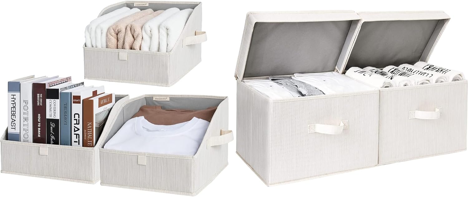 StorageWorks Paquete de 3 contenedores de almacenamiento trapezoidales plegables con 2 cajas de almacenamiento decorativas