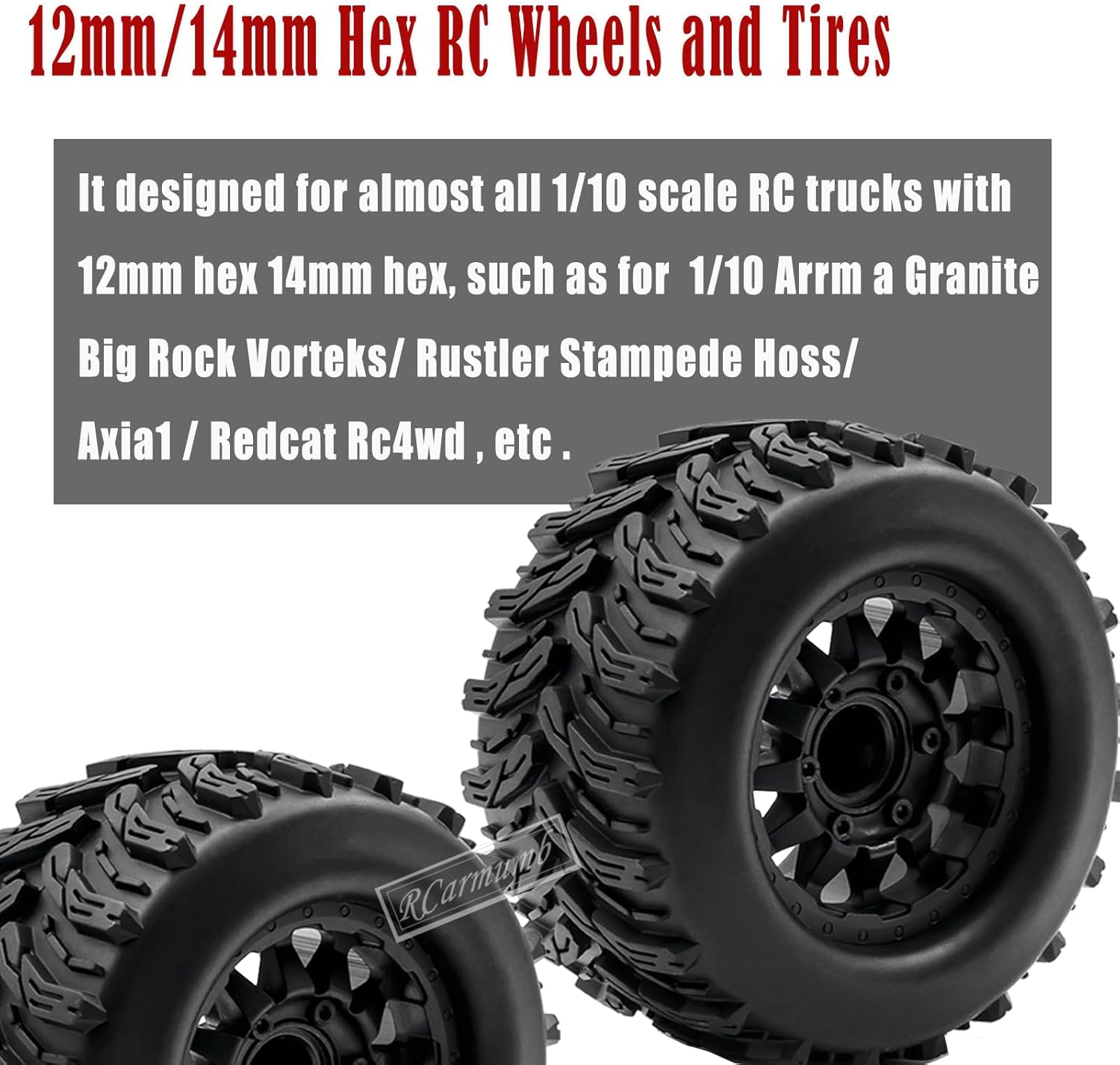 Rueda hexagonal de 0.472 in0.551 in para camiones RC 110 Arrm a Granite Vorteks Big Rock, Rustler Stampede HossAxia1 LOS1 Redcat Rc4wd, 4 neumáticos