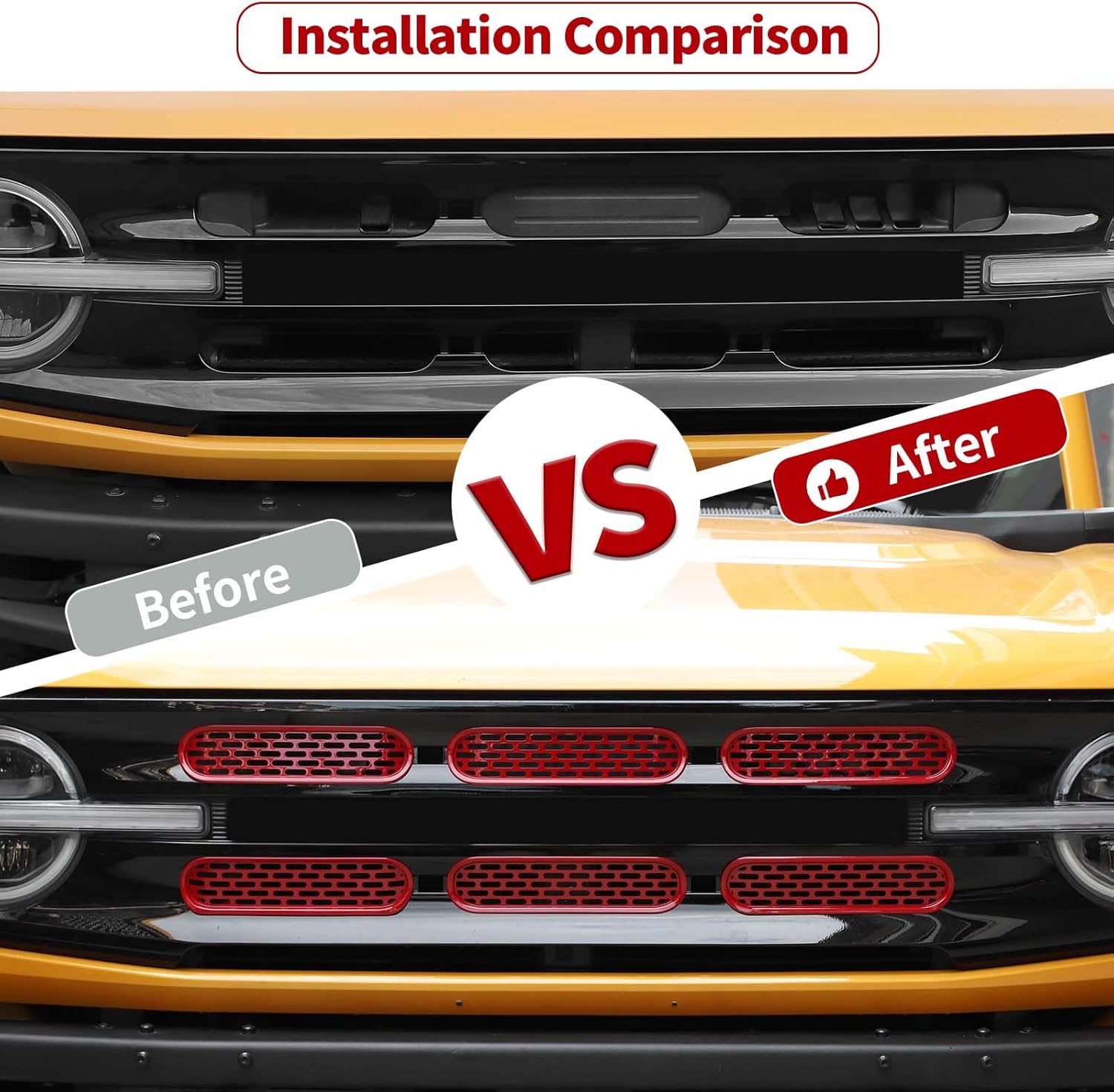 JeCar Insertos de rejilla delantera, marco de rejilla de malla, accesorios exteriores compatibles con Ford Bronco 2021-2023, rojo