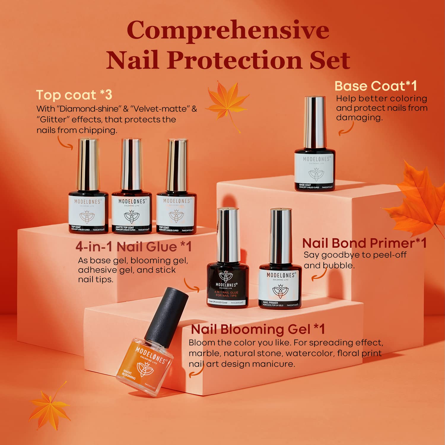 Modelones Kit de esmalte de uñas de gel de 32 colores otoñales con luz UV  49 piezas amarillo, naranja, marrón, rojizo rojo burdeos, kit de manicura