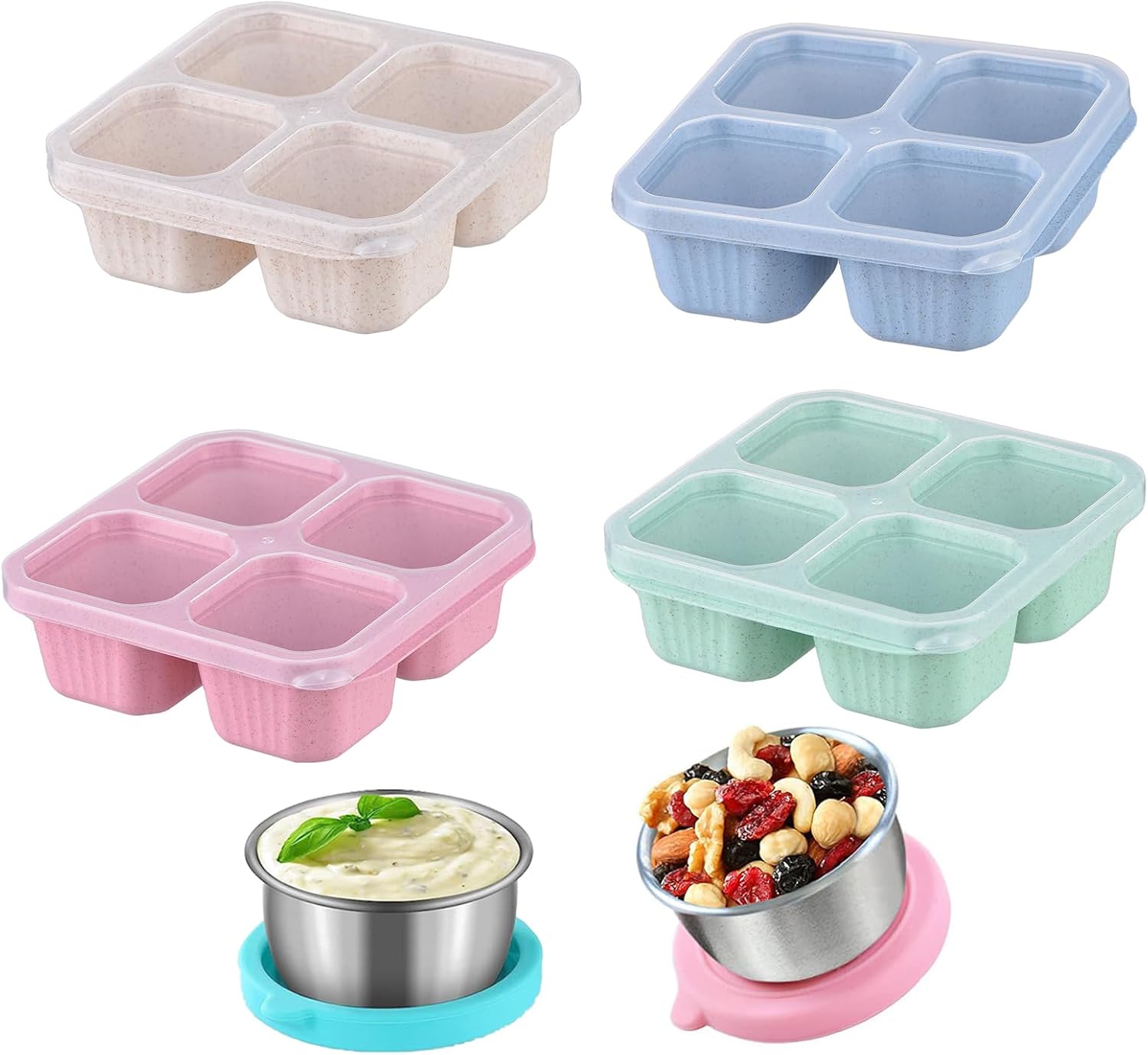 HXCBEC Cajas Bento para aperitivos, reutilizables con 4 compartimentos, contenedor de almacenamiento de alimentos dividido con tapa para adultos,
